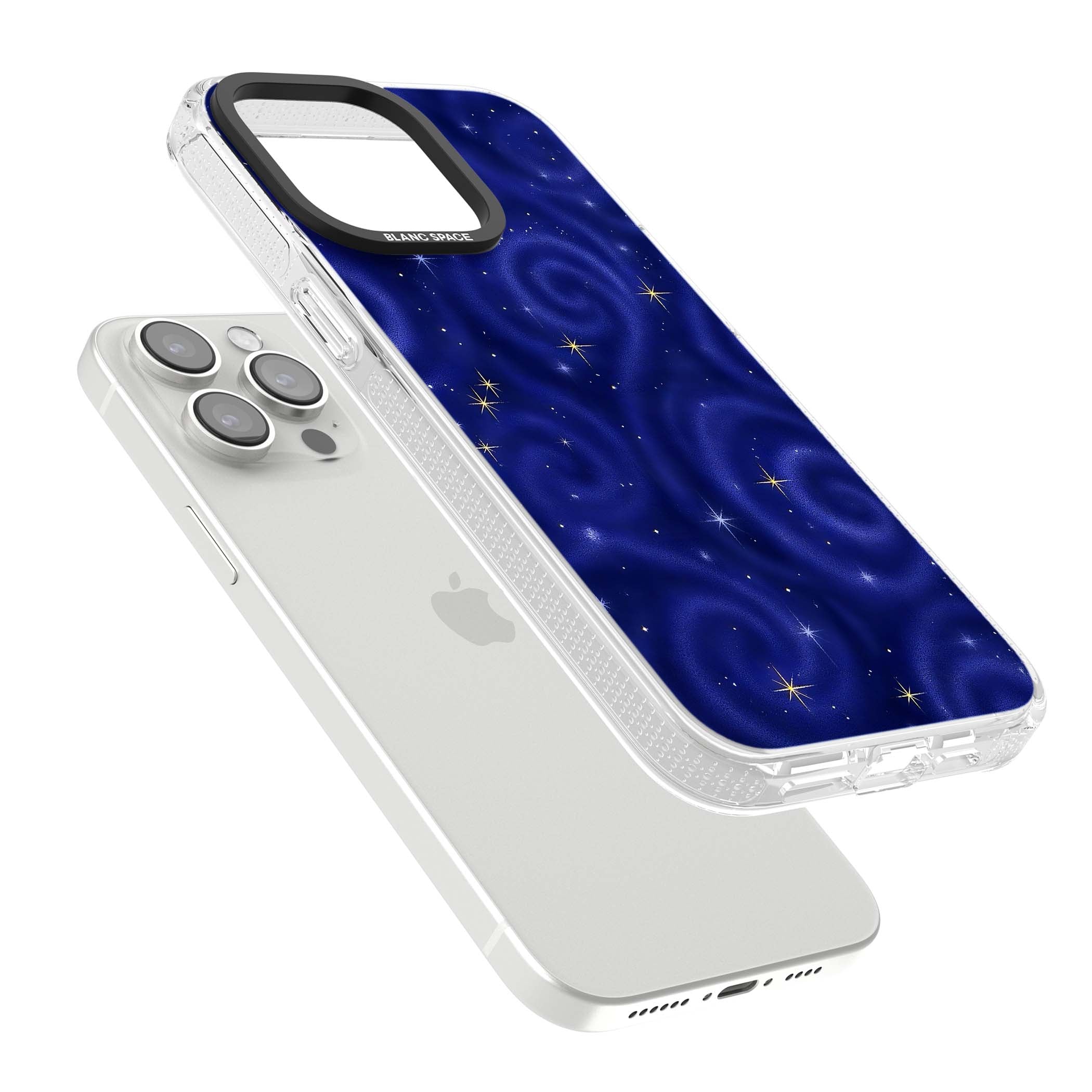 Indigo Cosmos celestial iPhone case featuring swirling navy night sky and sparkling golden stars | Clear Case Impact Air case for iPhone 15 Pro, iPhone 15 Pro Max