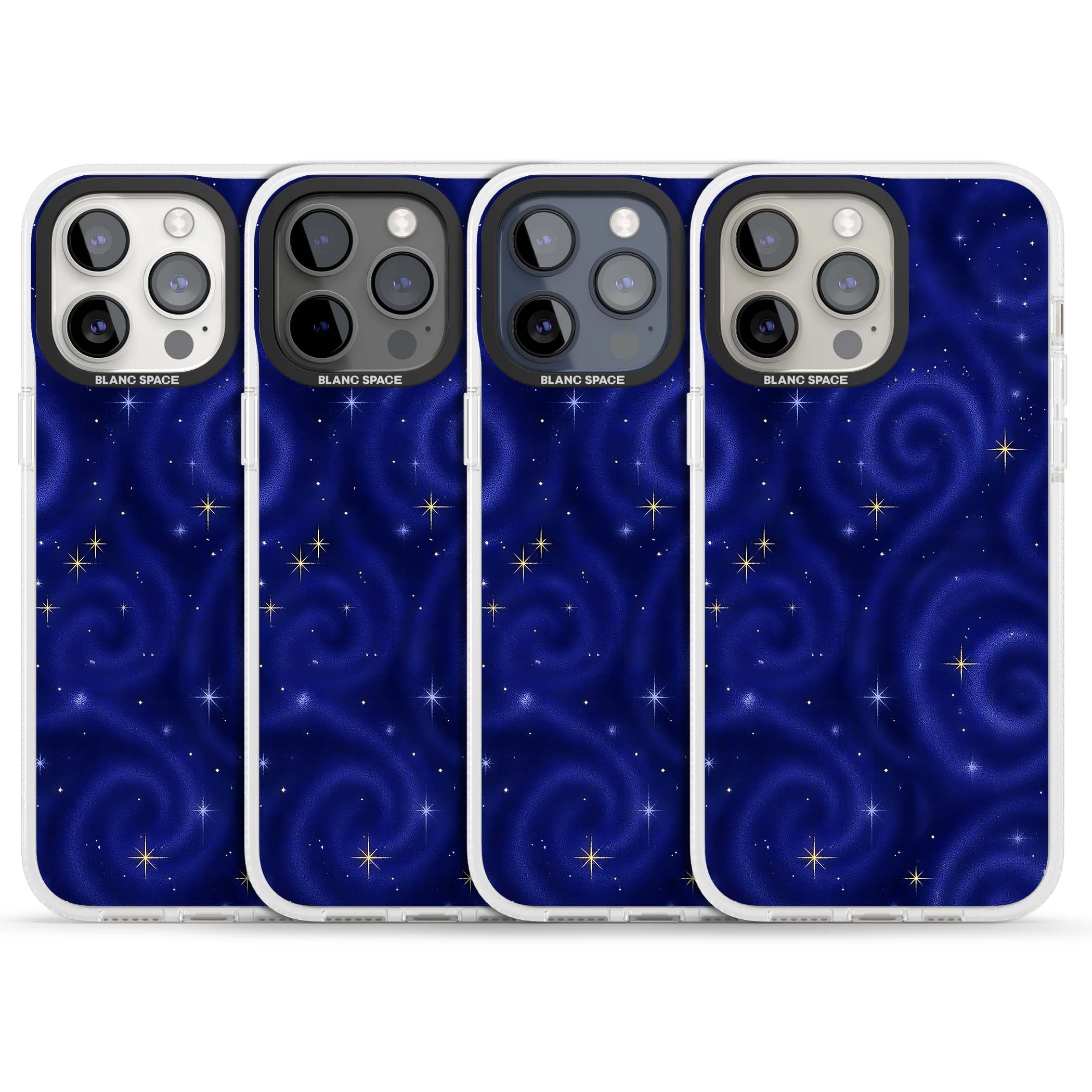 Indigo Cosmos celestial iPhone case featuring swirling navy night sky and sparkling golden stars | Clear Case Impact Air case for iPhone 15 Pro, iPhone 15 Pro Max