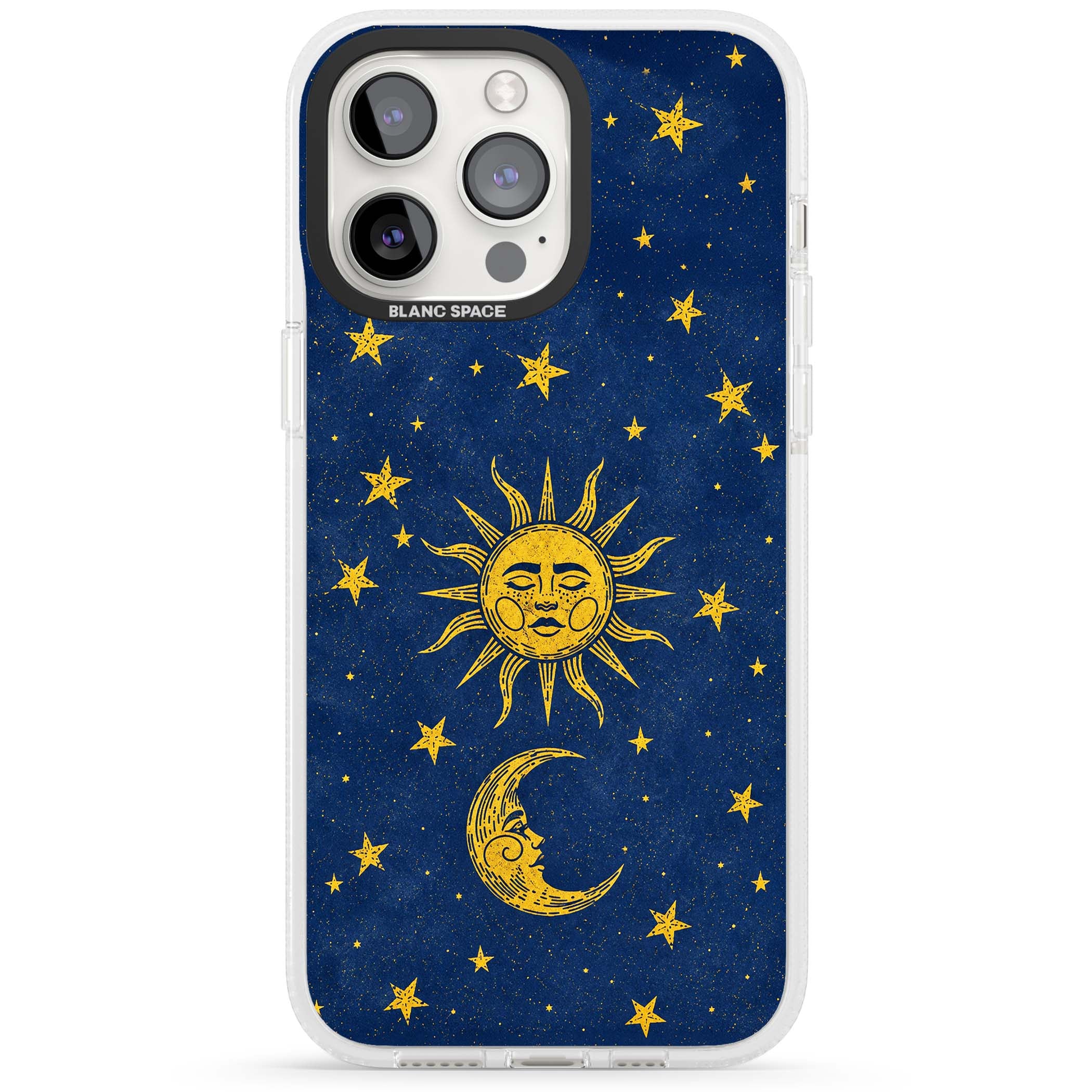 Sun & Moon Reverie celestial iPhone case featuring a vintage golden sun, crescent moon and scattered stars on midnight blue | Clear Case Impact Air case for iPhone 15 Pro, iPhone 15 Pro Max