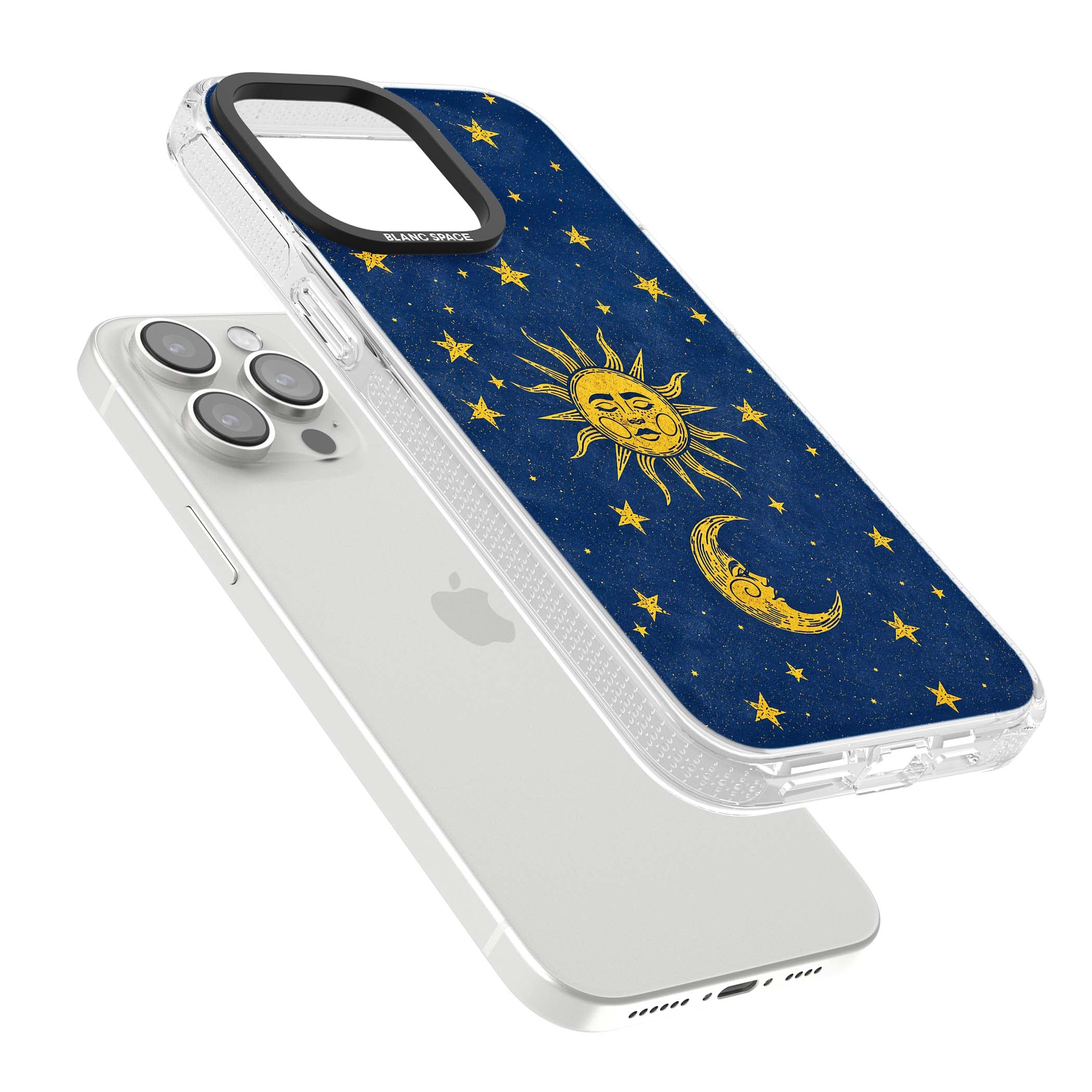 Sun & Moon Reverie celestial iPhone case featuring a vintage golden sun, crescent moon and scattered stars on midnight blue | Clear Case Impact Air case for iPhone 15 Pro, iPhone 15 Pro Max