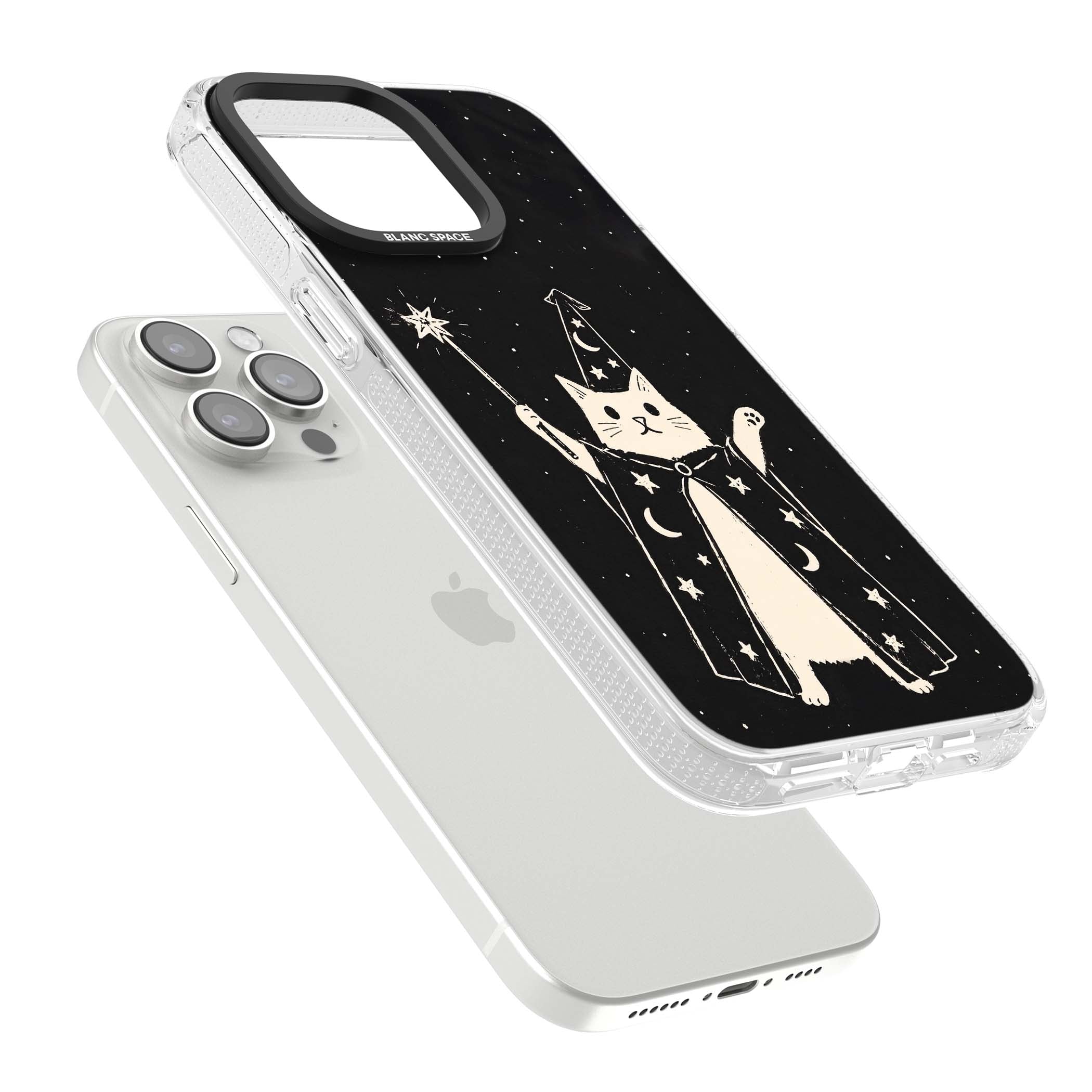 Whisker Wizard celestial cat iPhone case featuring a wizard cat with magic wand, starry night sky and crescent moons | Clear Case Impact Air case for iPhone 15 Pro, iPhone 15 Pro Max