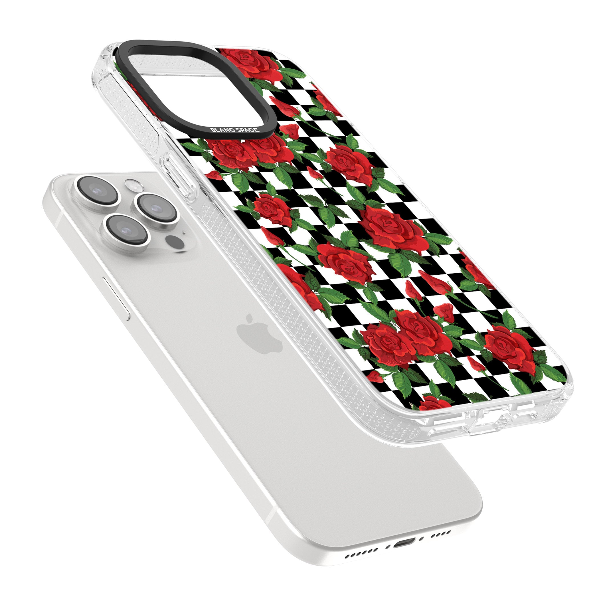 Checkered Pattern & Red Roses iPhone 15 Pro Max / 15 Pro / 14 Pro Max / 14 Pro / 13 Pro Clear Case Impact Air - Blanc Space