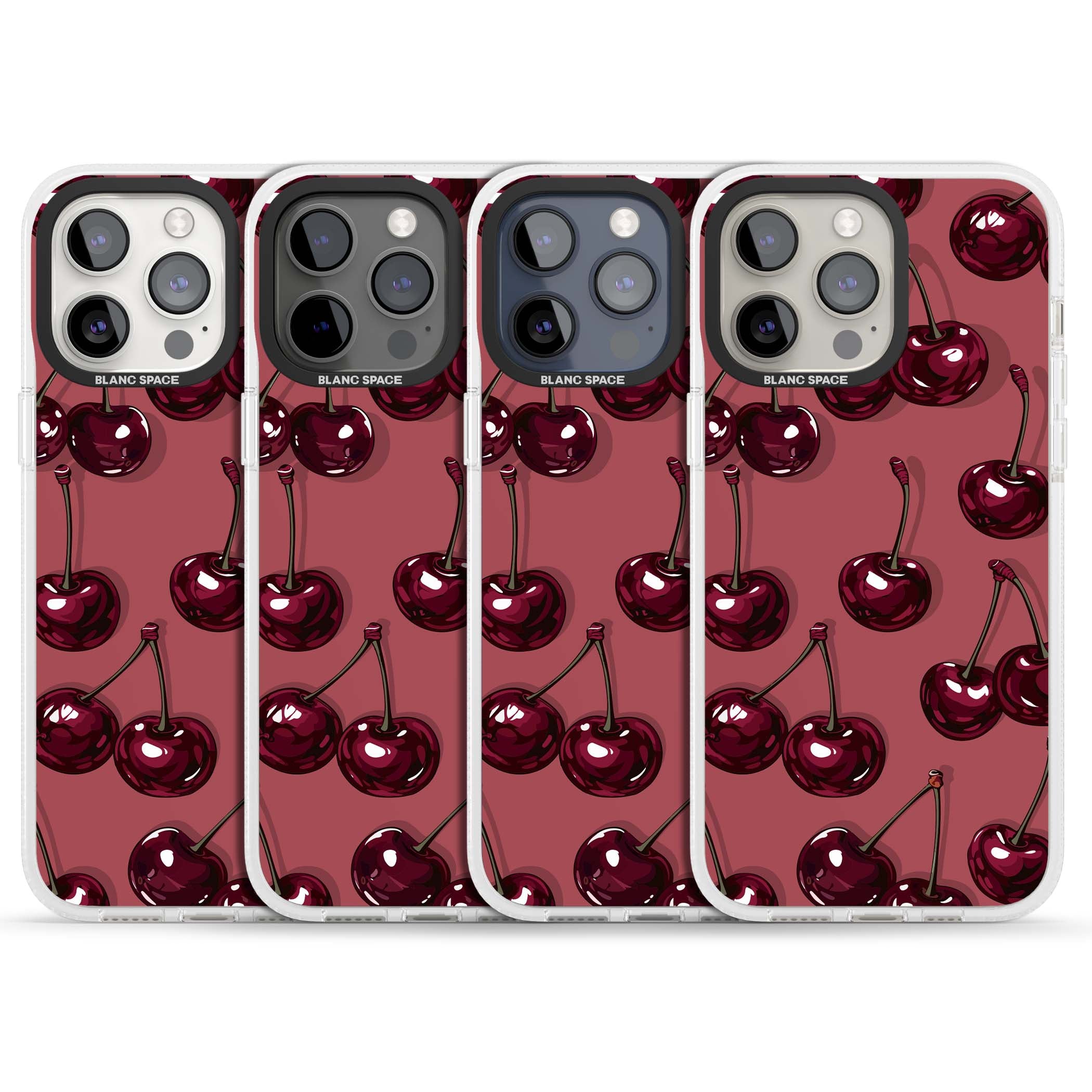 Cherry Rebel coquette iPhone case featuring glossy burgundy cherries on a dusty rose background | Clear Case Impact Air case for iPhone 15 Pro, iPhone 15 Pro Max