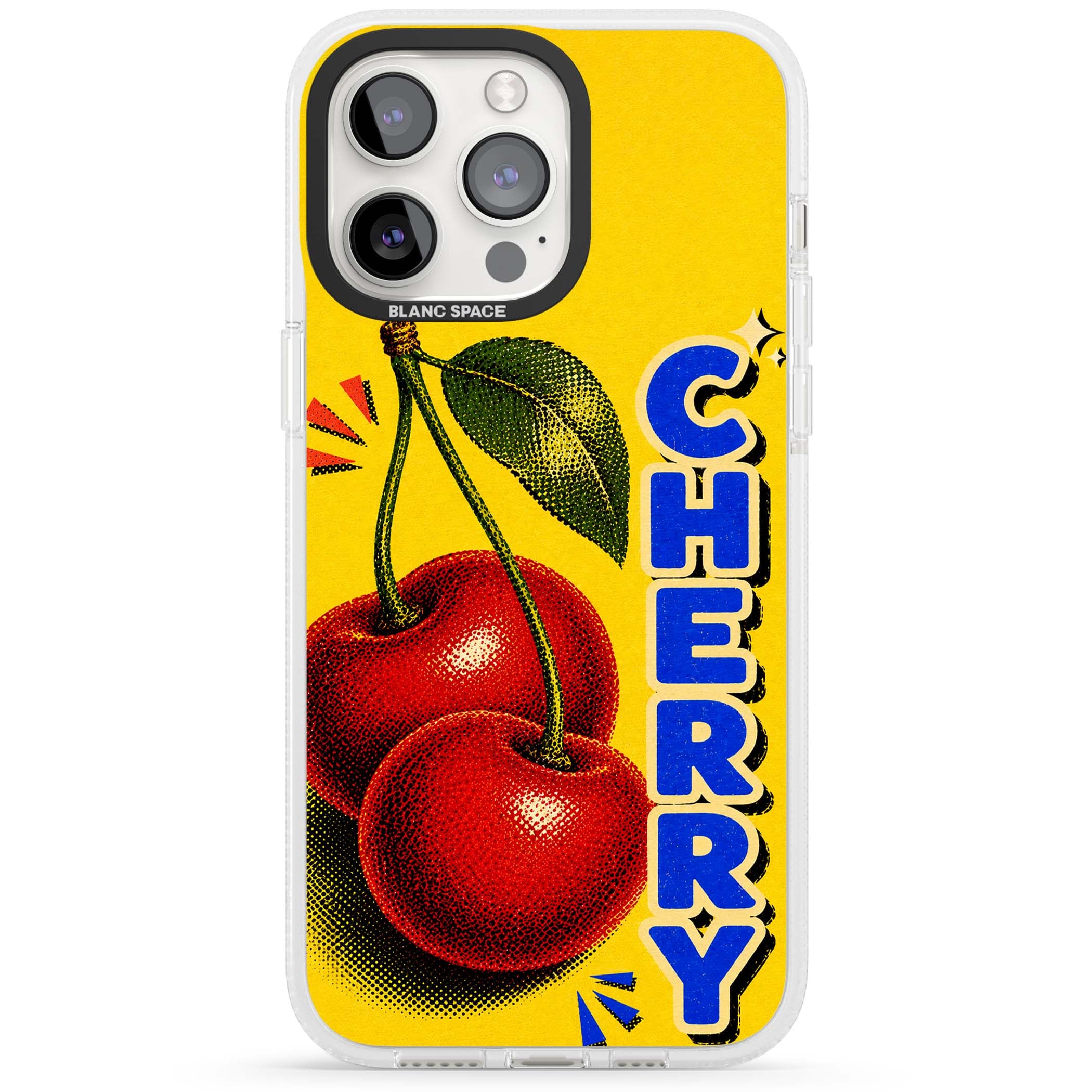 Cherry Yellow y2k iPhone case featuring two red cherries, halftone shading and bold blue CHERRY lettering on yellow | Clear Case Impact Air case for iPhone 15 Pro, iPhone 15 Pro Max