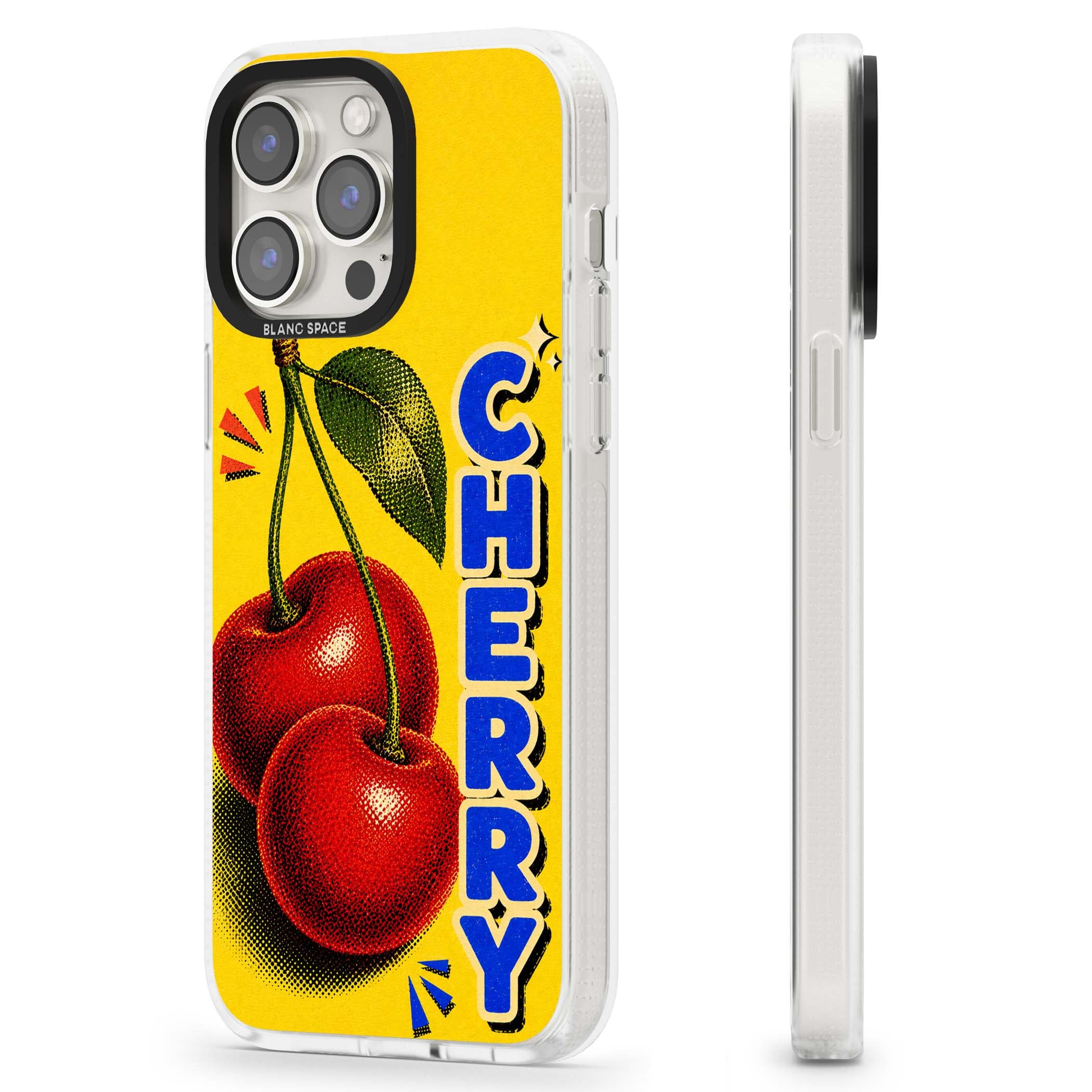 Cherry Yellow y2k iPhone case featuring two red cherries, halftone shading and bold blue CHERRY lettering on yellow | Clear Case Impact Air case for iPhone 15 Pro, iPhone 15 Pro Max