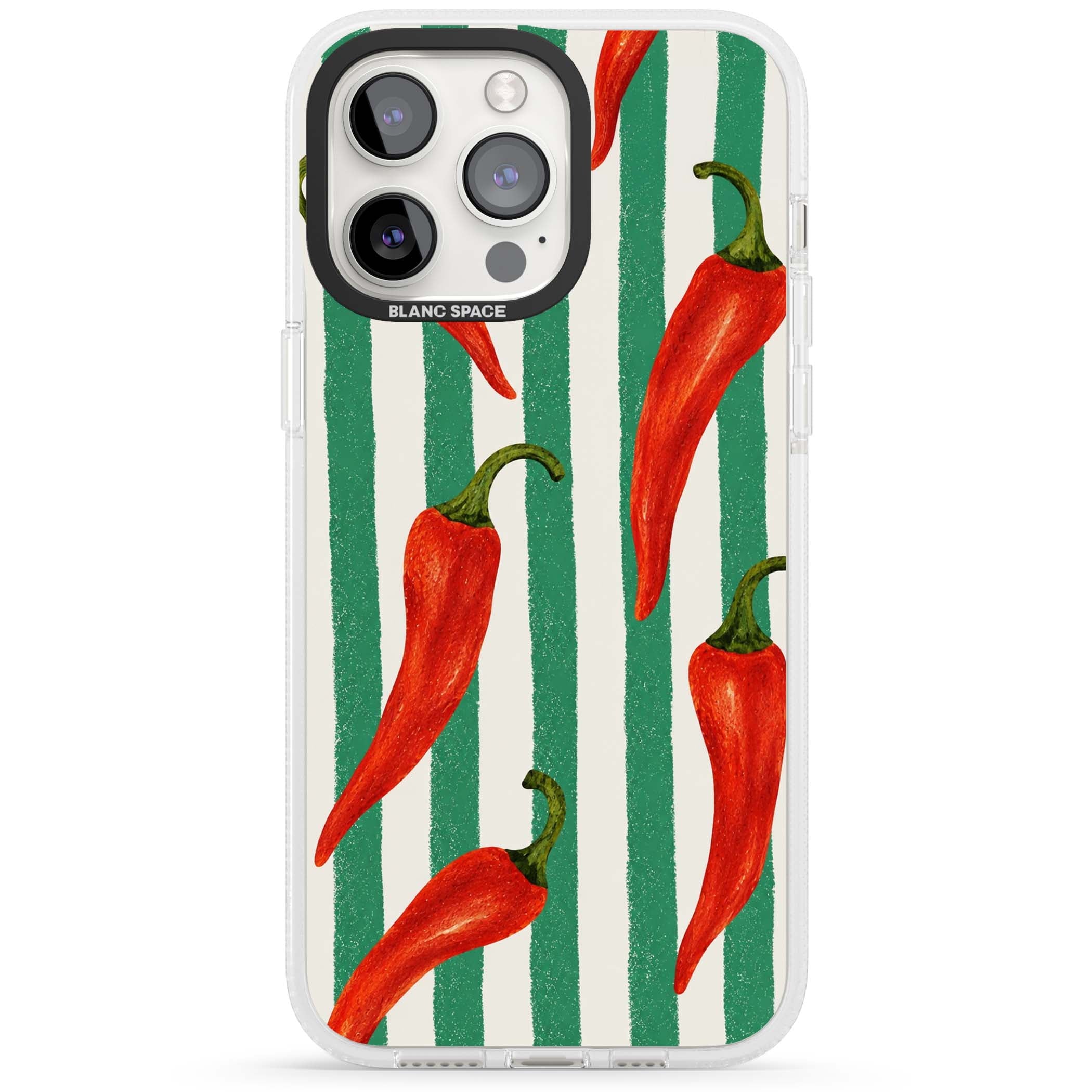 Striped Chillis coastal iPhone case featuring hand-painted red chili peppers on green and cream stripes | Clear Case Impact Air case for iPhone 15 Pro, iPhone 15 Pro Max