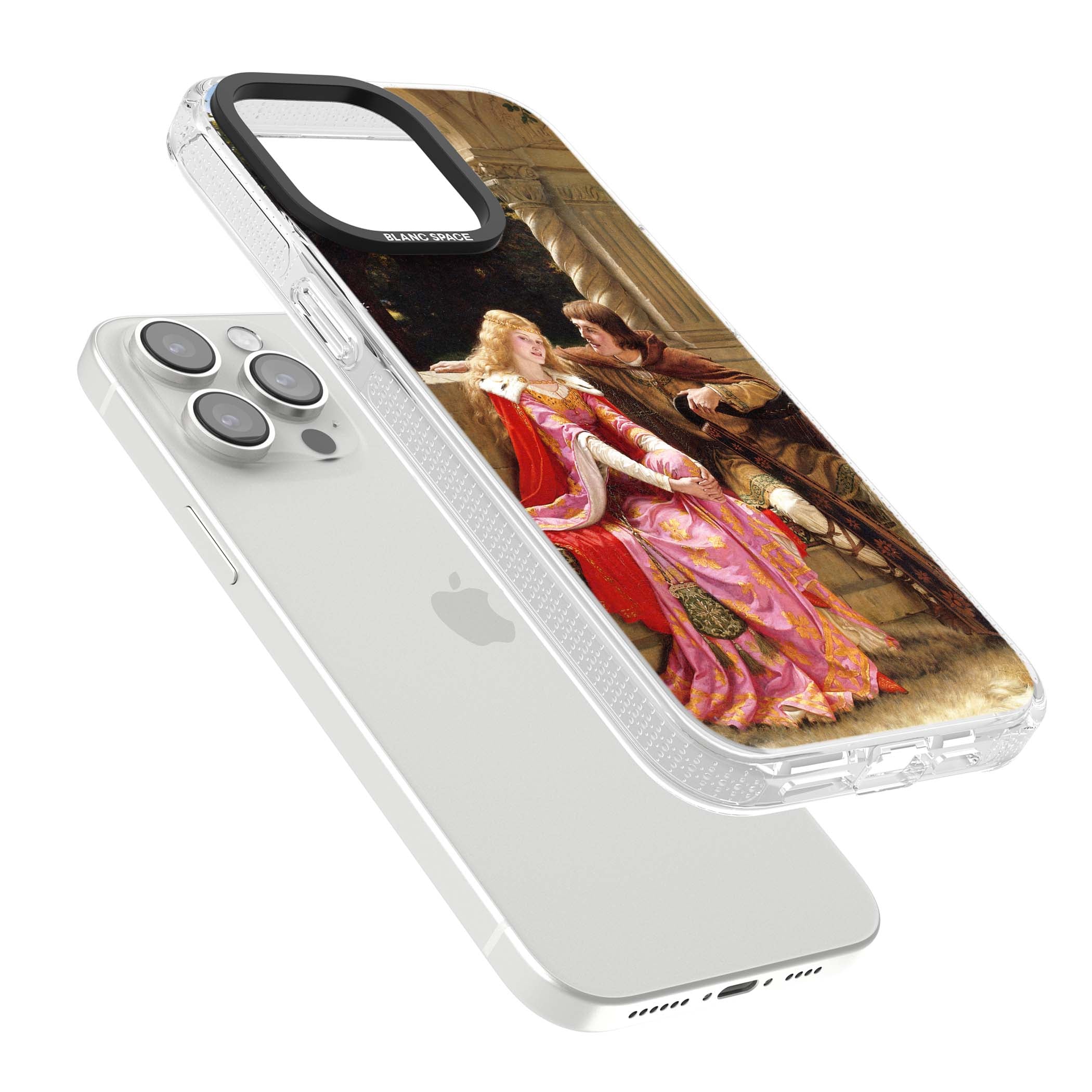 The End of the Song classic art iPhone case featuring a medieval lady in pink gown and her knight in a stone archway | Clear Case Impact Air case for iPhone 15 Pro, iPhone 15 Pro Max