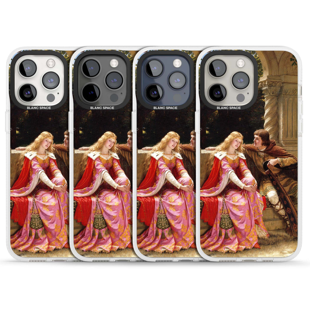 The End of the Song classic art iPhone case featuring a medieval lady in pink gown and her knight in a stone archway | Clear Case Impact Air case for iPhone 15 Pro, iPhone 15 Pro Max