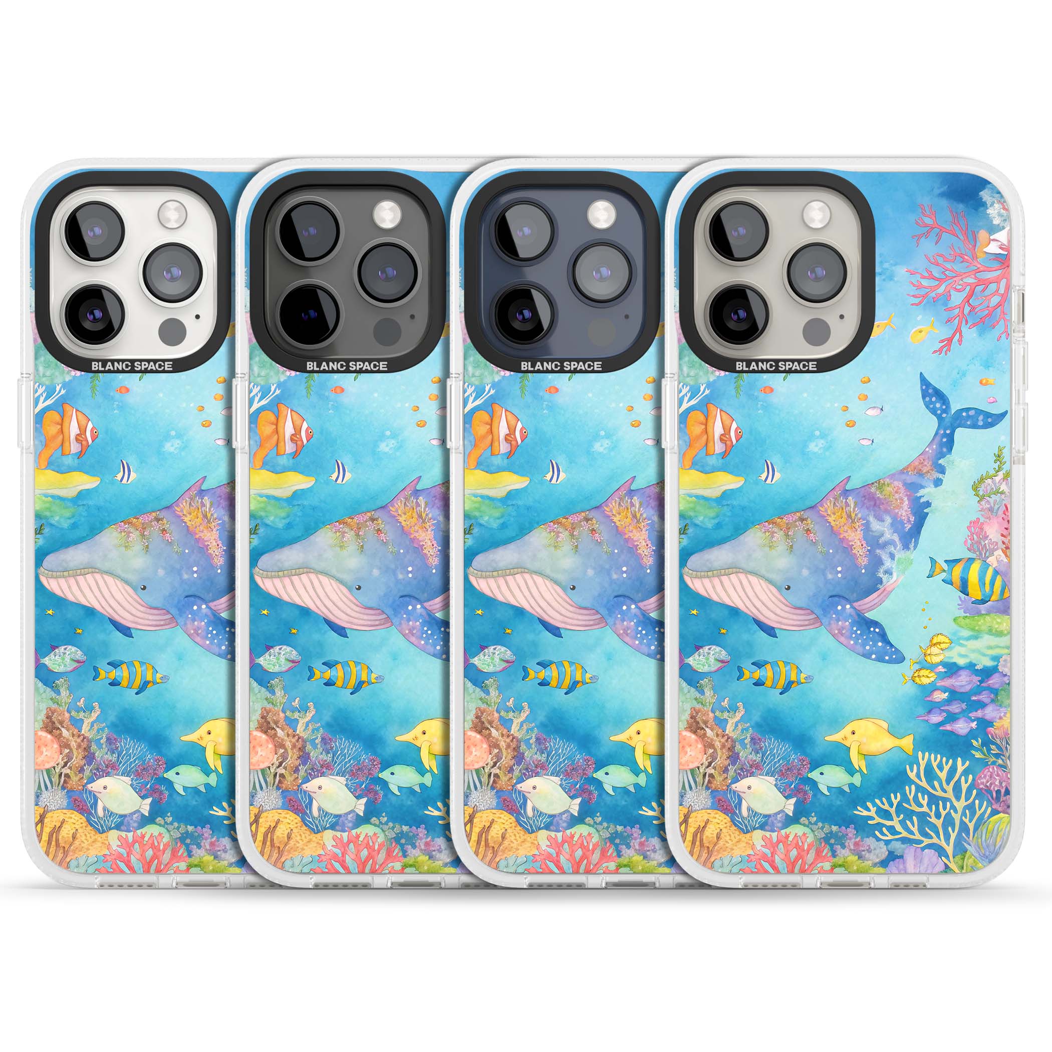 Coral Lagoon ocean iPhone case featuring a watercolour whale, coral reef and tropical fish | Clear Case Impact Air case for iPhone 15 Pro, iPhone 15 Pro Max