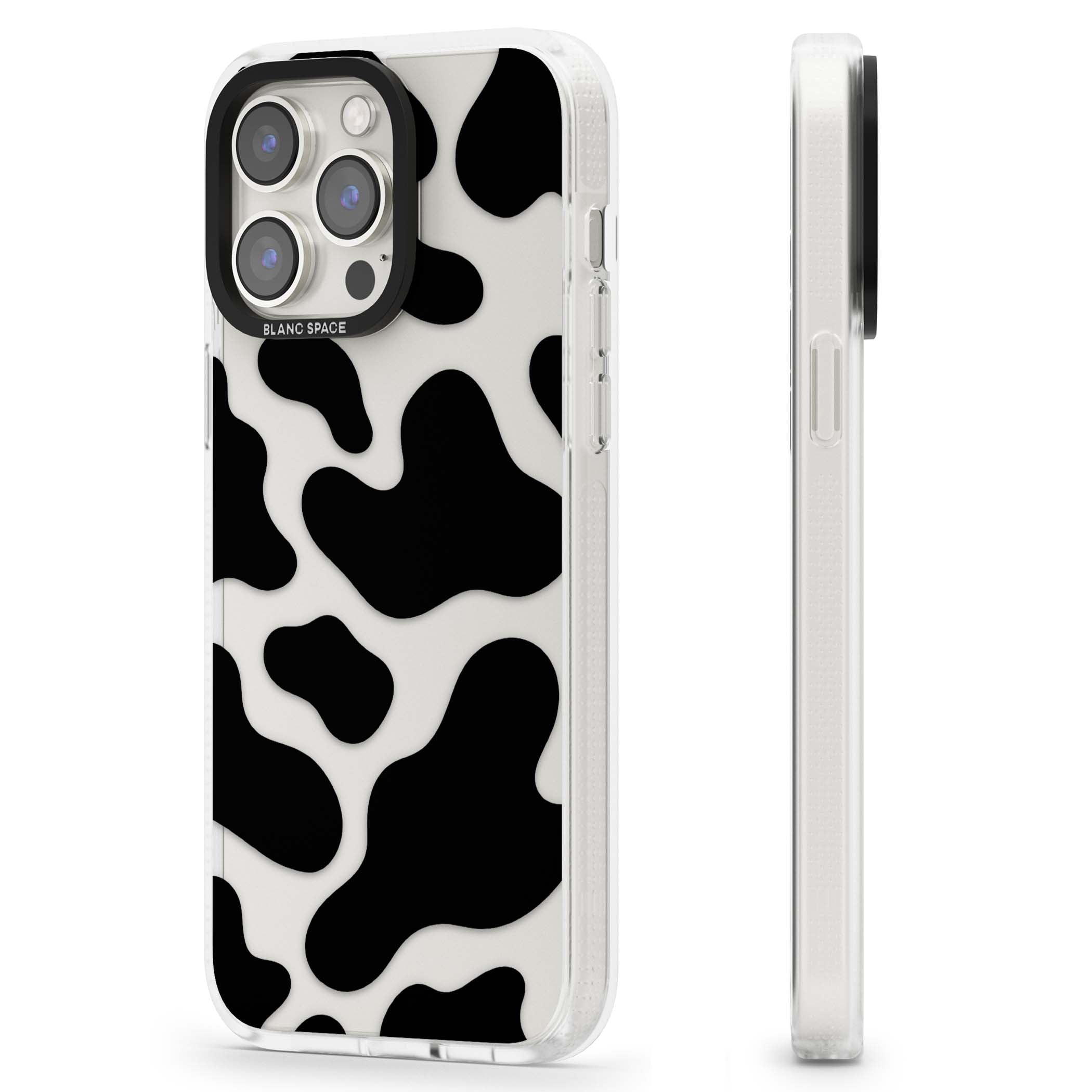 Clear Cow Print cow print iPhone case featuring black and white cow pattern splotches on a clear background | Clear Case Impact Air case for iPhone 15 Pro, iPhone 15 Pro Max