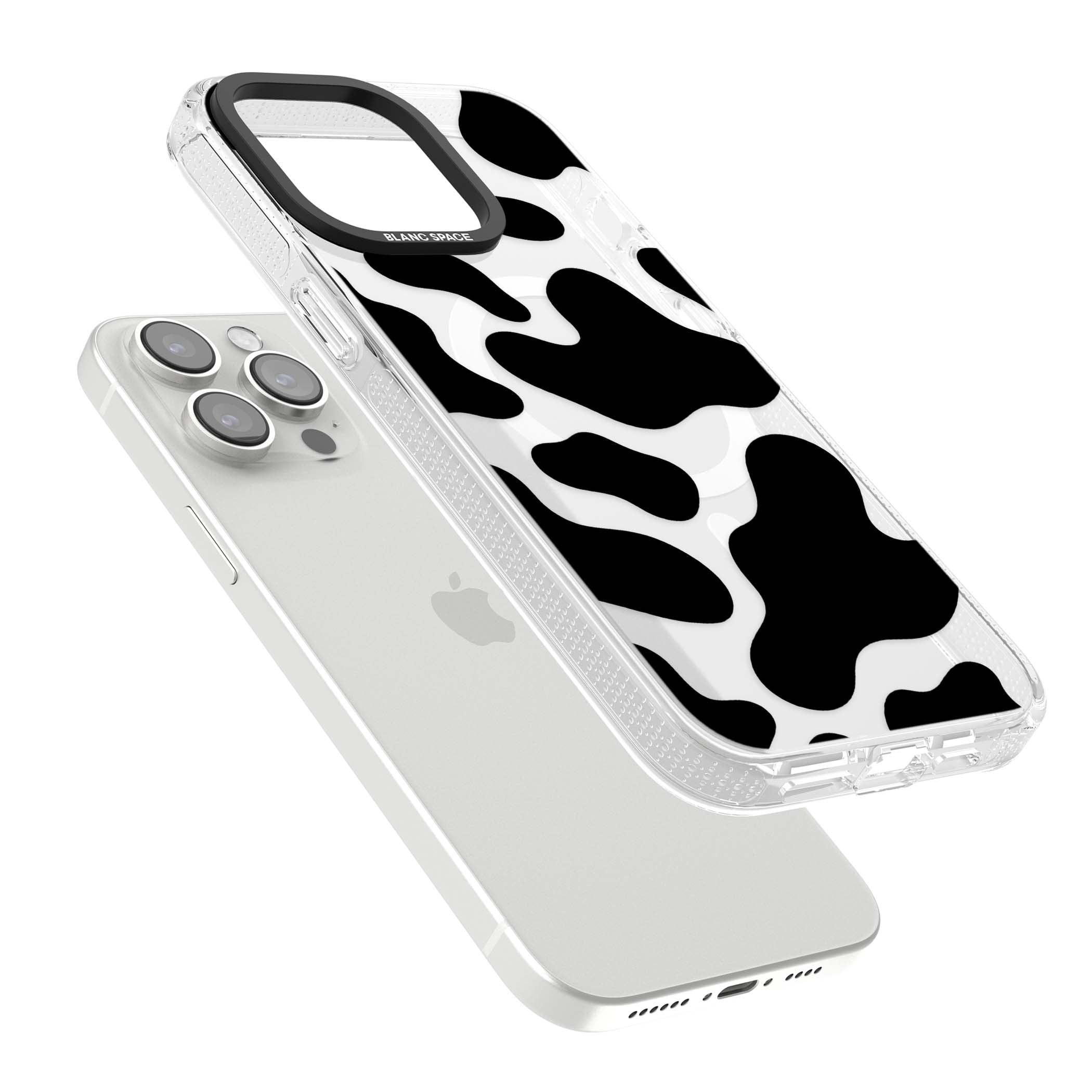 Clear Cow Print cow print iPhone case featuring black and white cow pattern splotches on a clear background | Clear Case Impact Air case for iPhone 15 Pro, iPhone 15 Pro Max