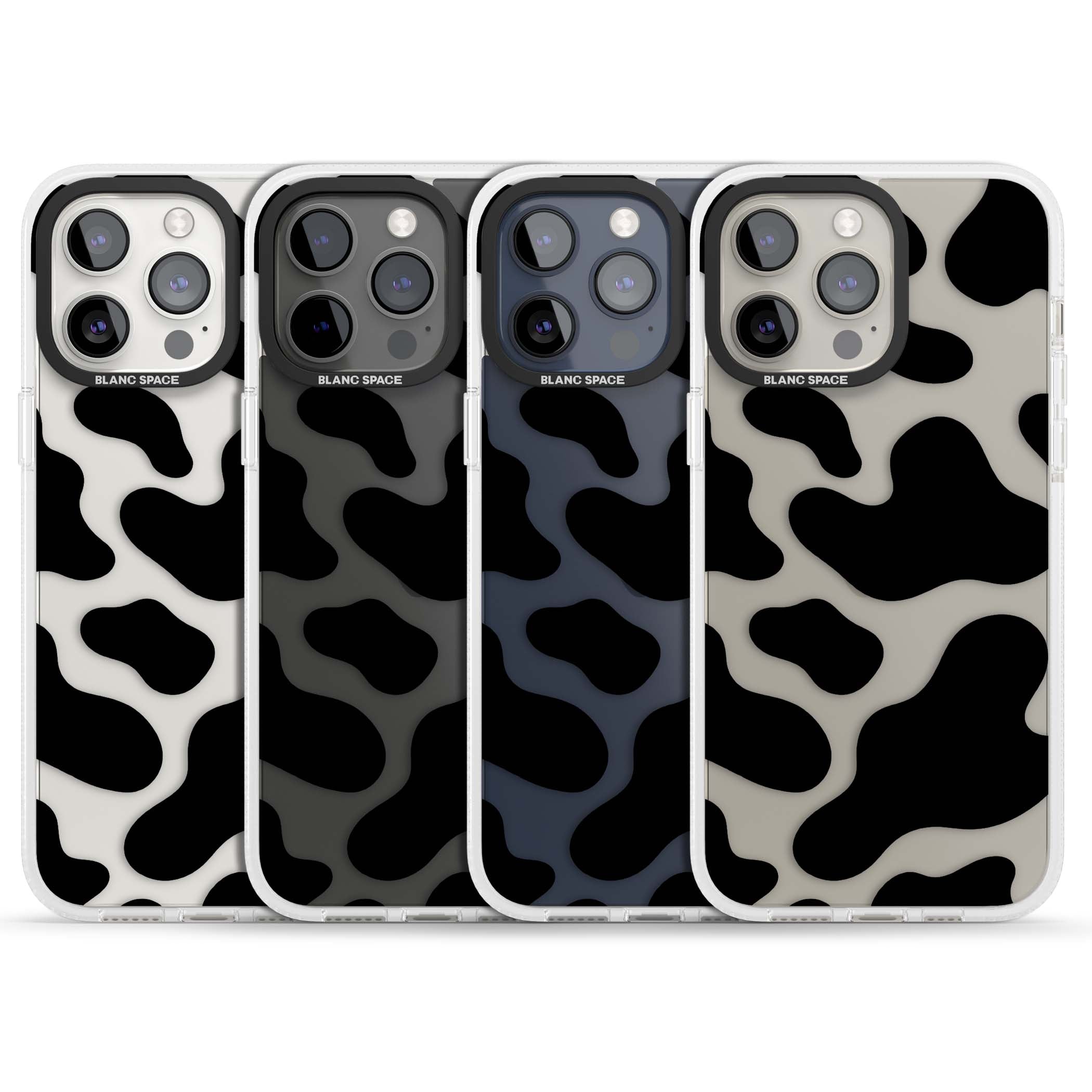 Clear Cow Print cow print iPhone case featuring black and white cow pattern splotches on a clear background | Clear Case Impact Air case for iPhone 15 Pro, iPhone 15 Pro Max
