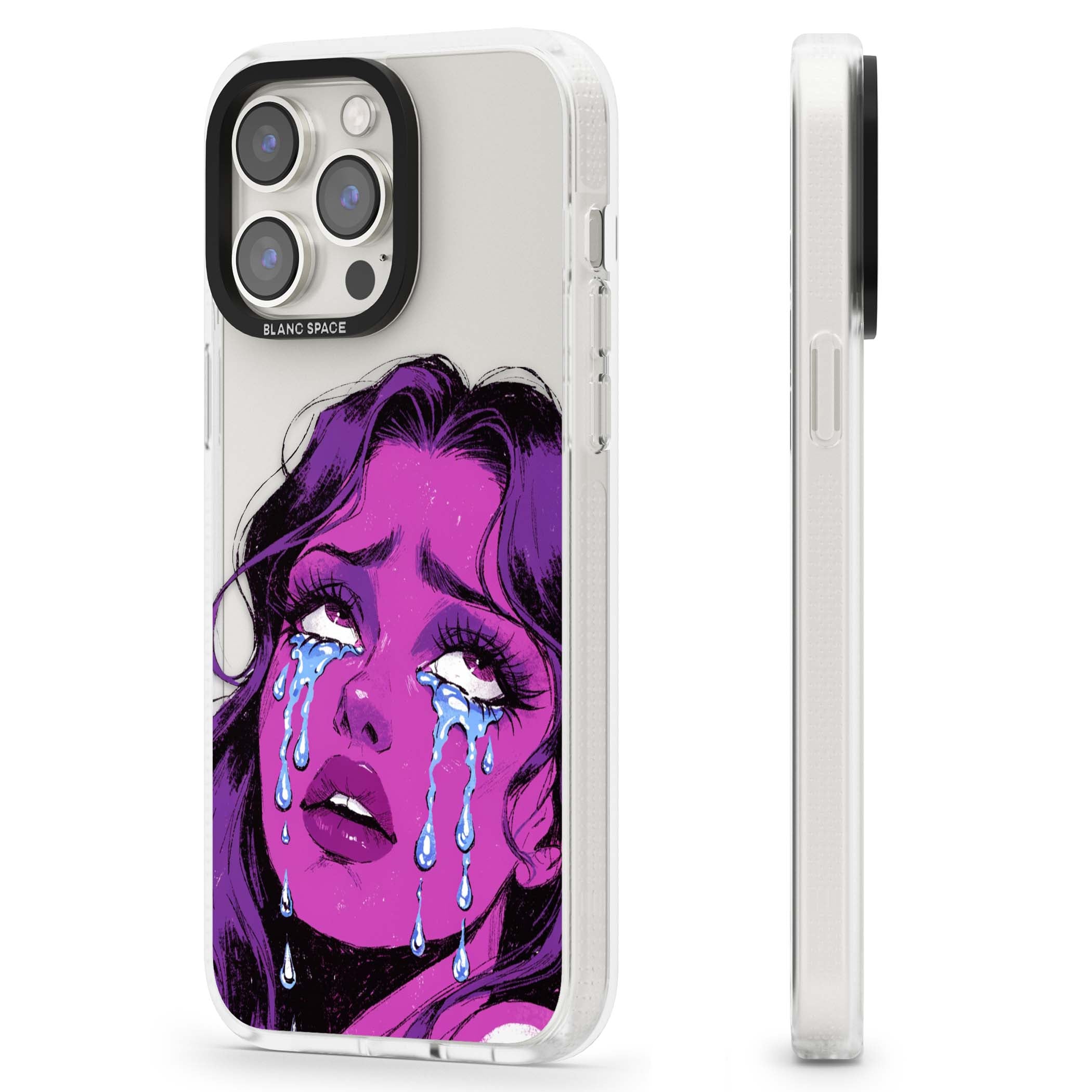 Drama Queen pop art iPhone case featuring a purple crying comic girl with blue tears | Clear Case Impact Air case for iPhone 15 Pro, iPhone 15 Pro Max