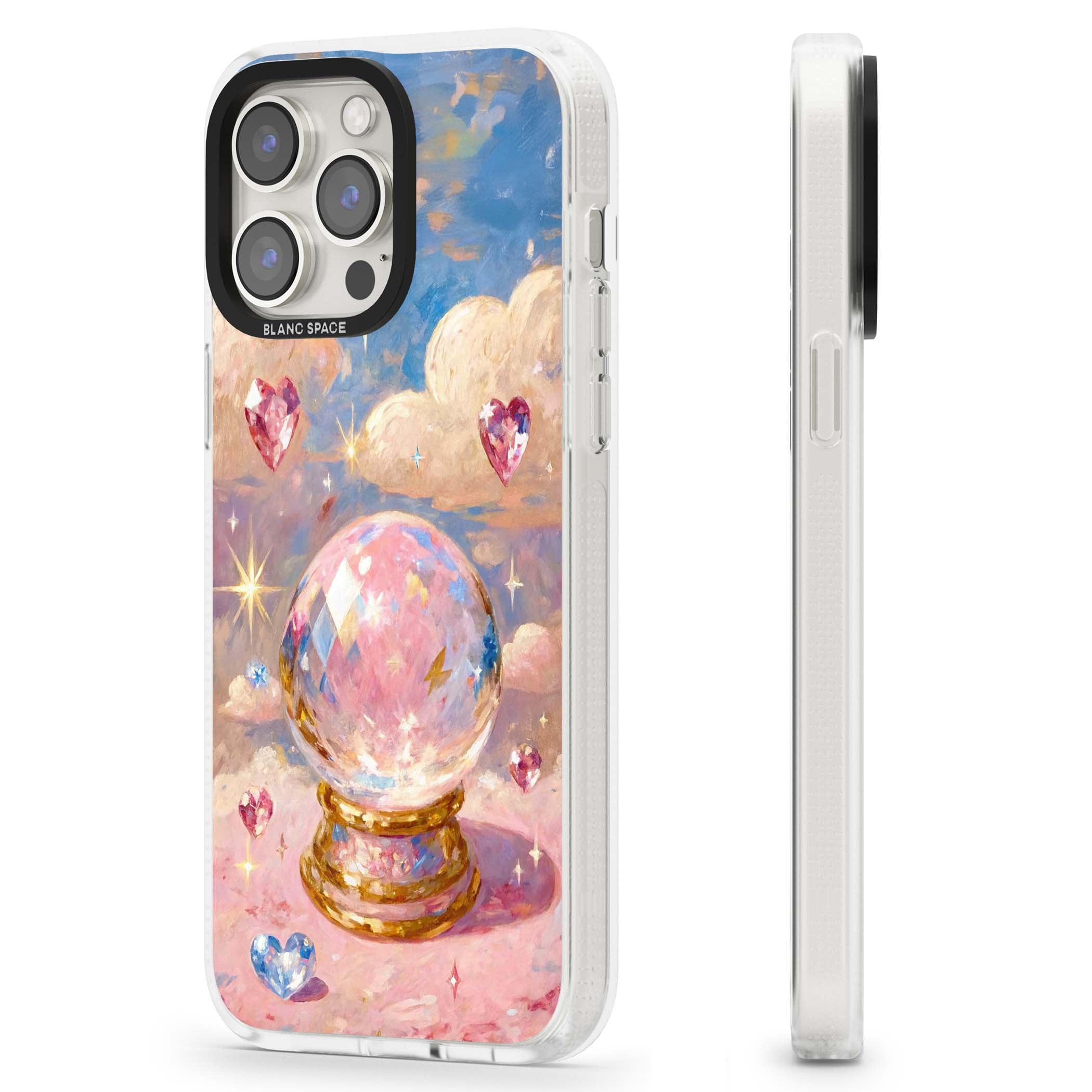 Crystal Ball fairycore iPhone case featuring a painted crystal ball, heart gemstones, and pastel clouds | Clear Case Impact Air case for iPhone 15 Pro, iPhone 15 Pro Max