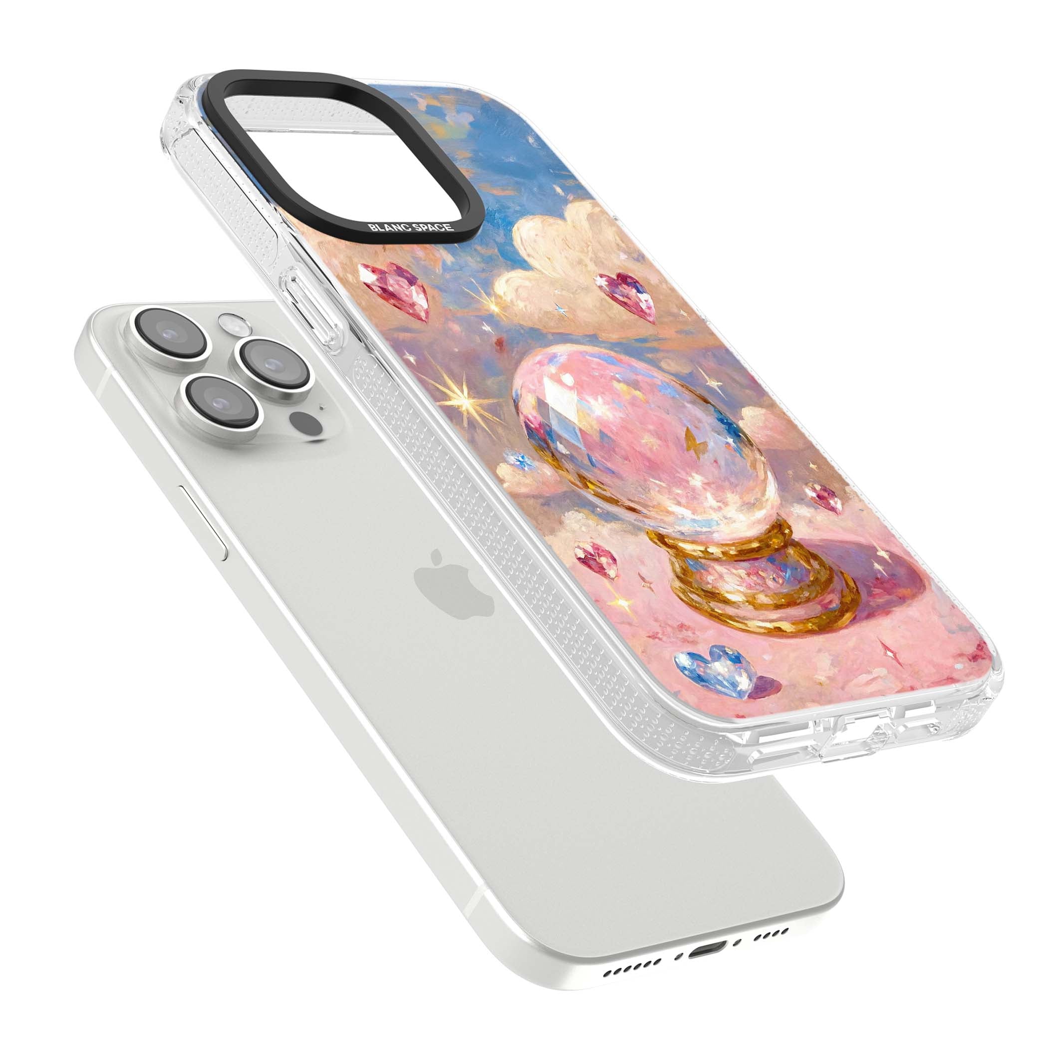 Crystal Ball fairycore iPhone case featuring a painted crystal ball, heart gemstones, and pastel clouds | Clear Case Impact Air case for iPhone 15 Pro, iPhone 15 Pro Max