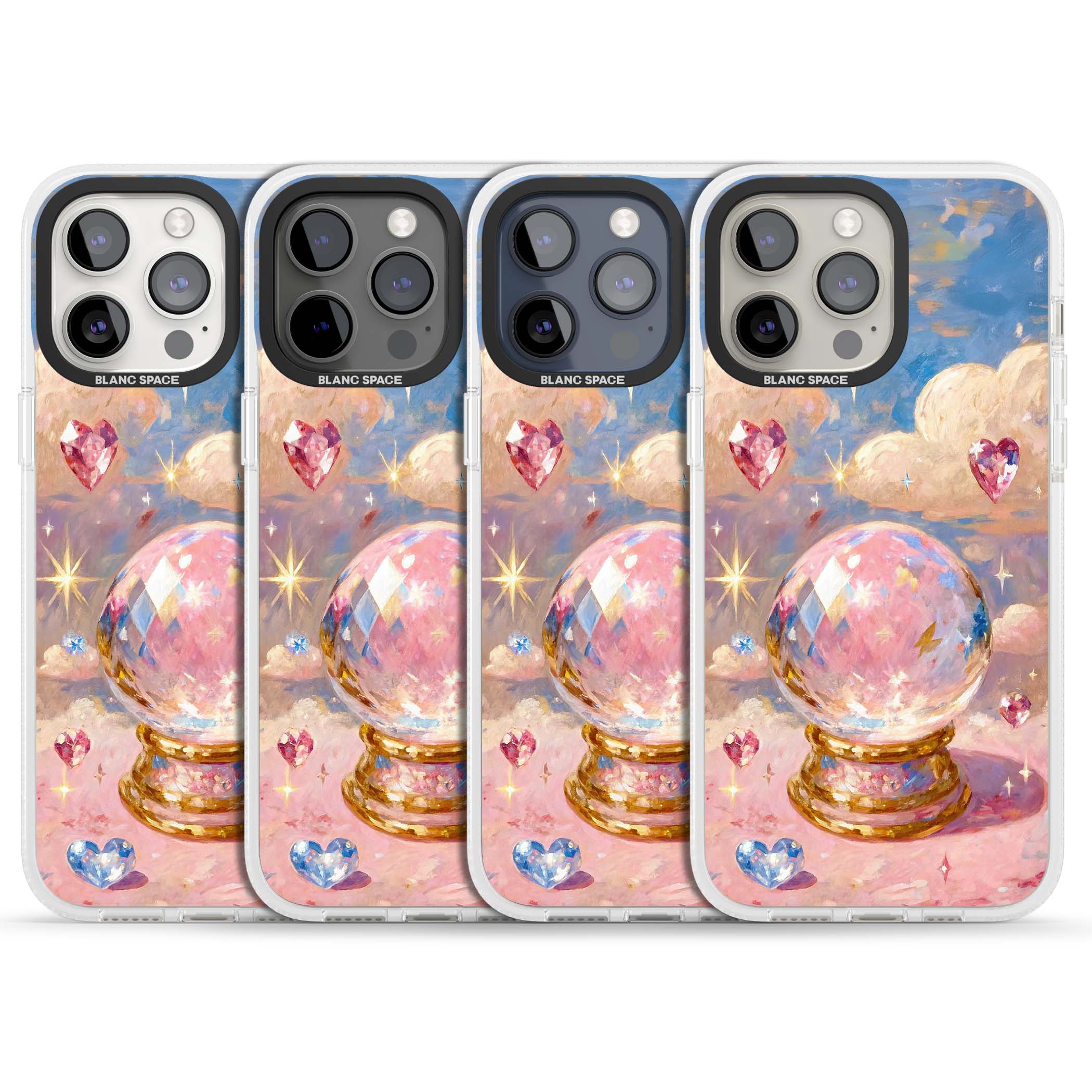 Crystal Ball fairycore iPhone case featuring a painted crystal ball, heart gemstones, and pastel clouds | Clear Case Impact Air case for iPhone 15 Pro, iPhone 15 Pro Max