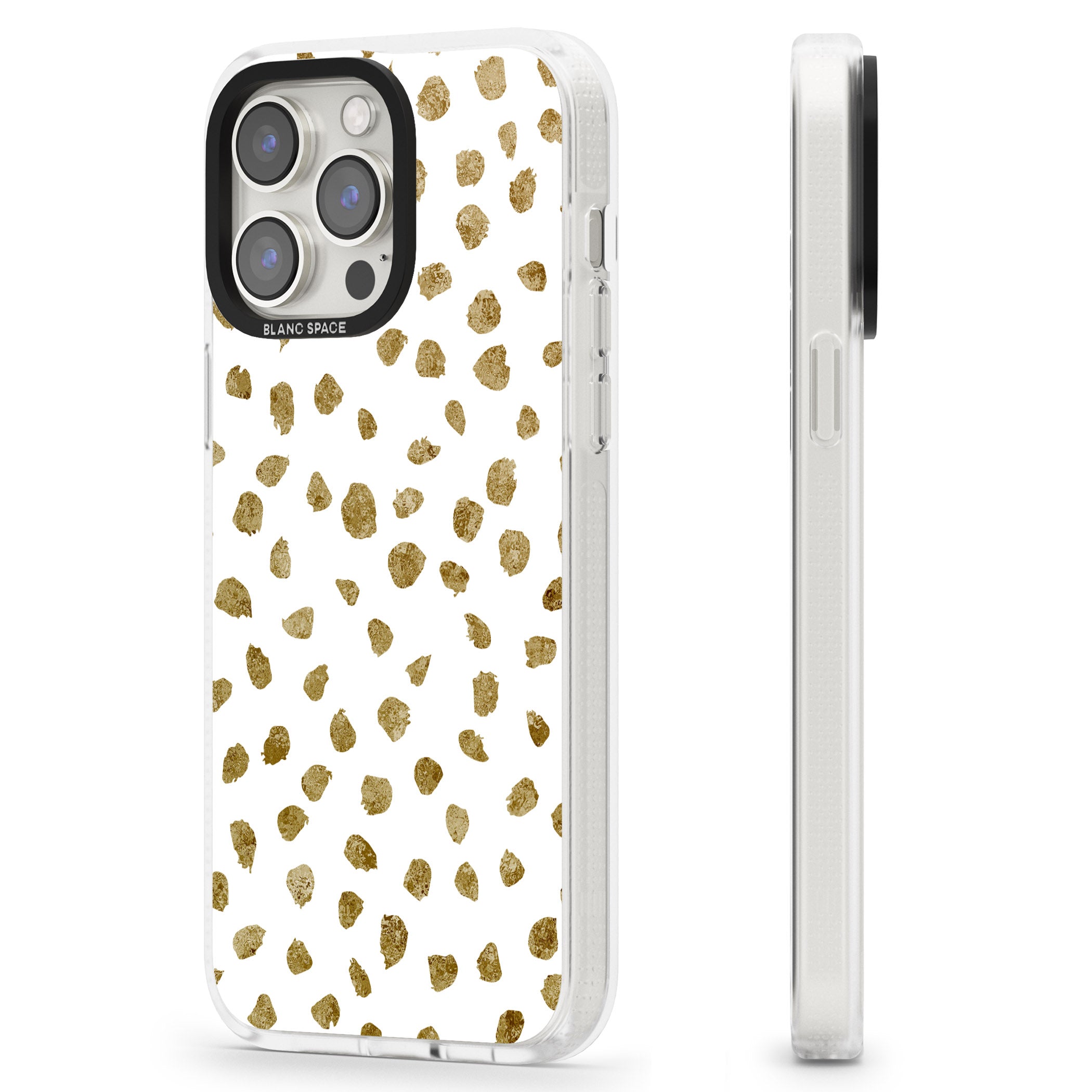 Gold Look on White Dalmatian Polka Dot Spots iPhone 15 Pro Max / 15 Pro / 14 Pro Max / 14 Pro / 13 Pro Clear Case Impact Air - Blanc Space