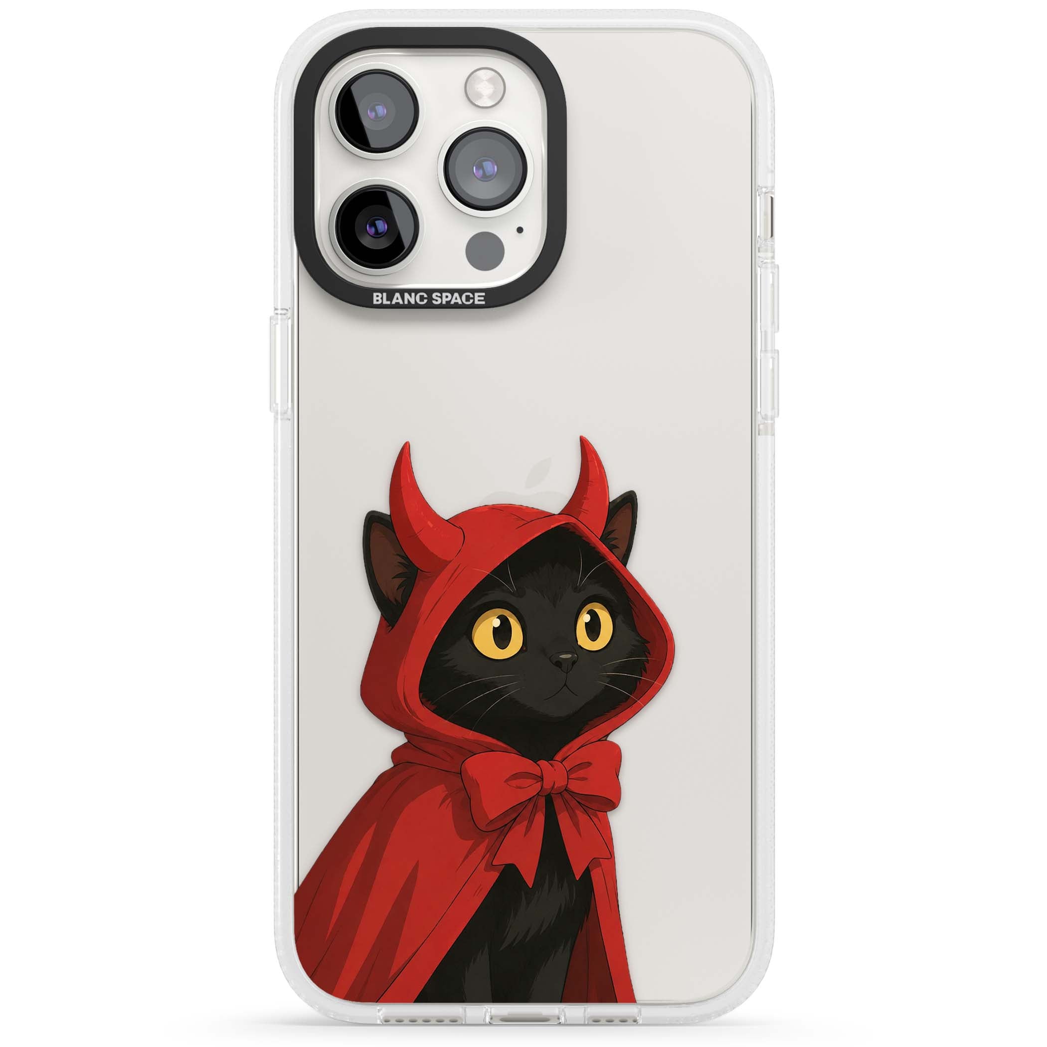 Little Devil halloween iPhone case featuring a black cat in a red hooded devil cloak with horns and golden eyes | Clear Case Impact Air case for iPhone 15 Pro, iPhone 15 Pro Max