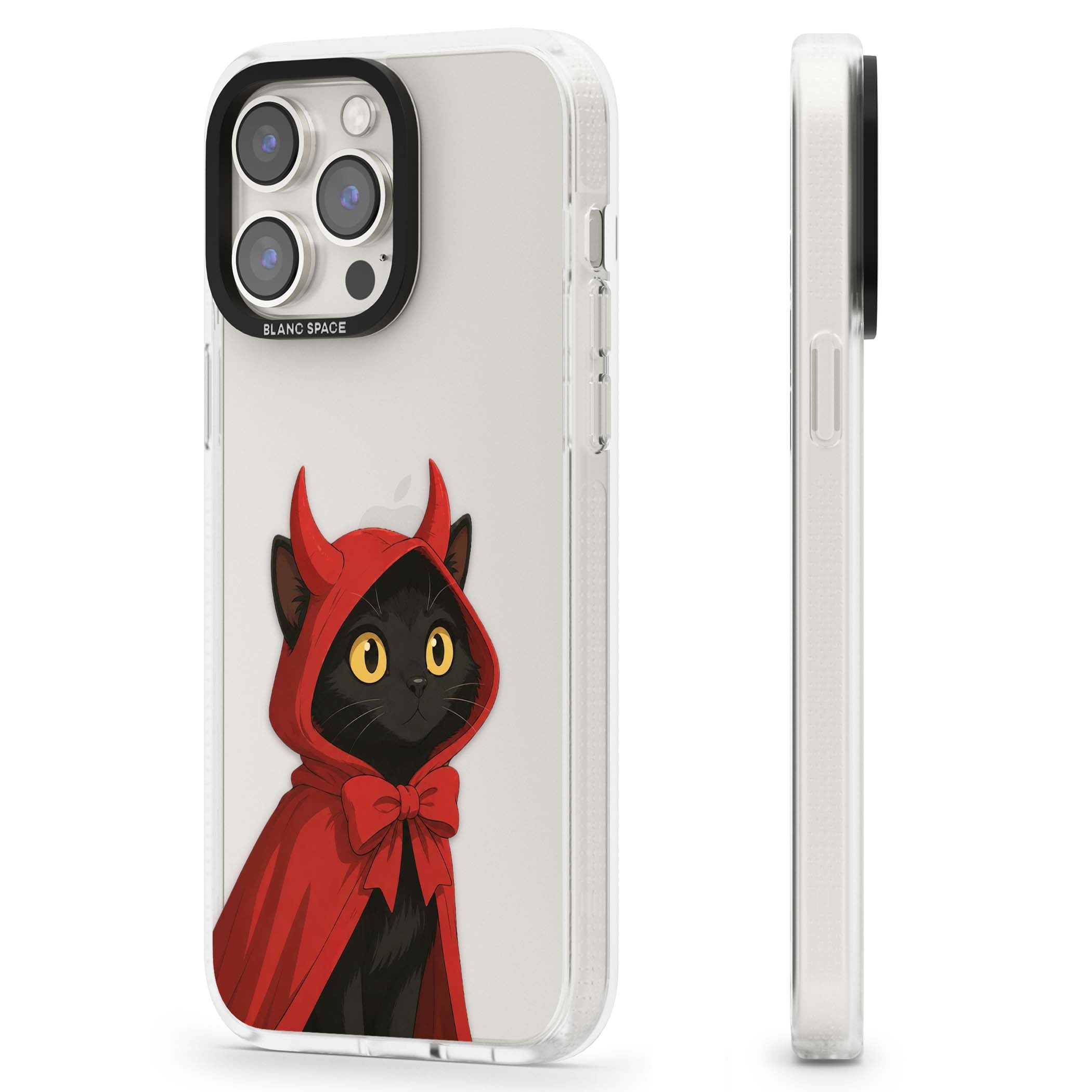 Little Devil halloween iPhone case featuring a black cat in a red hooded devil cloak with horns and golden eyes | Clear Case Impact Air case for iPhone 15 Pro, iPhone 15 Pro Max