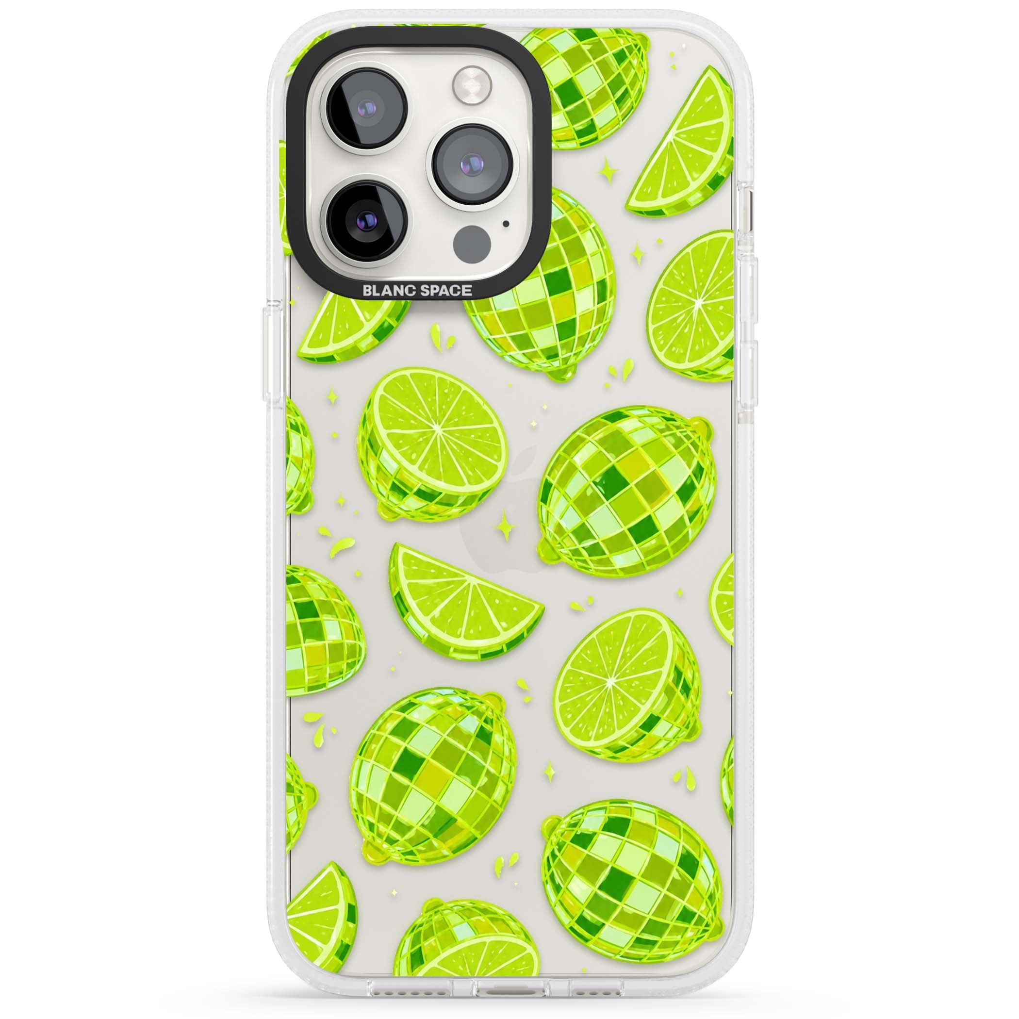 Disco Limes fruit aesthetic iPhone case featuring green disco balls, lime slices and citrus sparkles | Clear Case Impact Air case for iPhone 15 Pro, iPhone 15 Pro Max