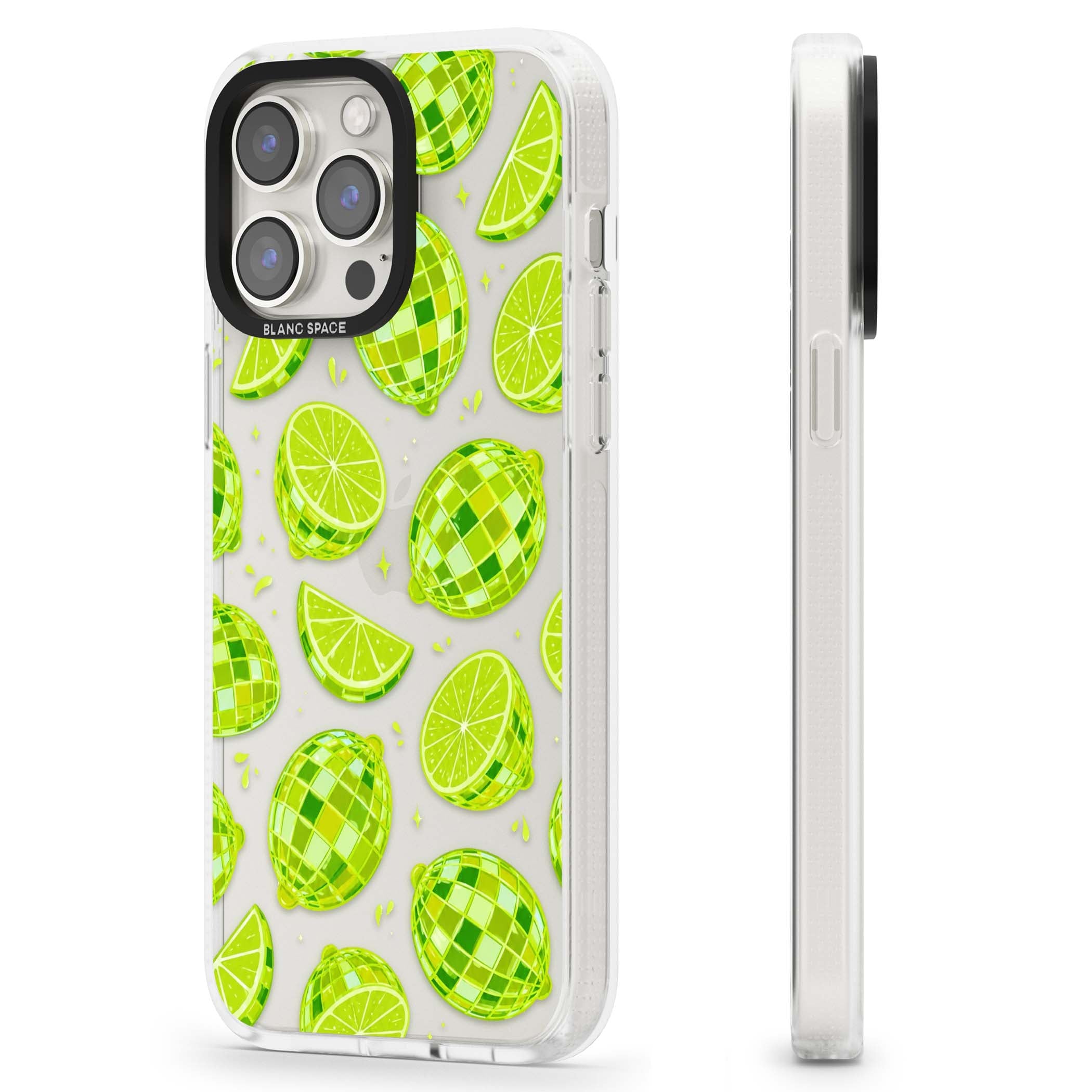 Disco Limes fruit aesthetic iPhone case featuring green disco balls, lime slices and citrus sparkles | Clear Case Impact Air case for iPhone 15 Pro, iPhone 15 Pro Max
