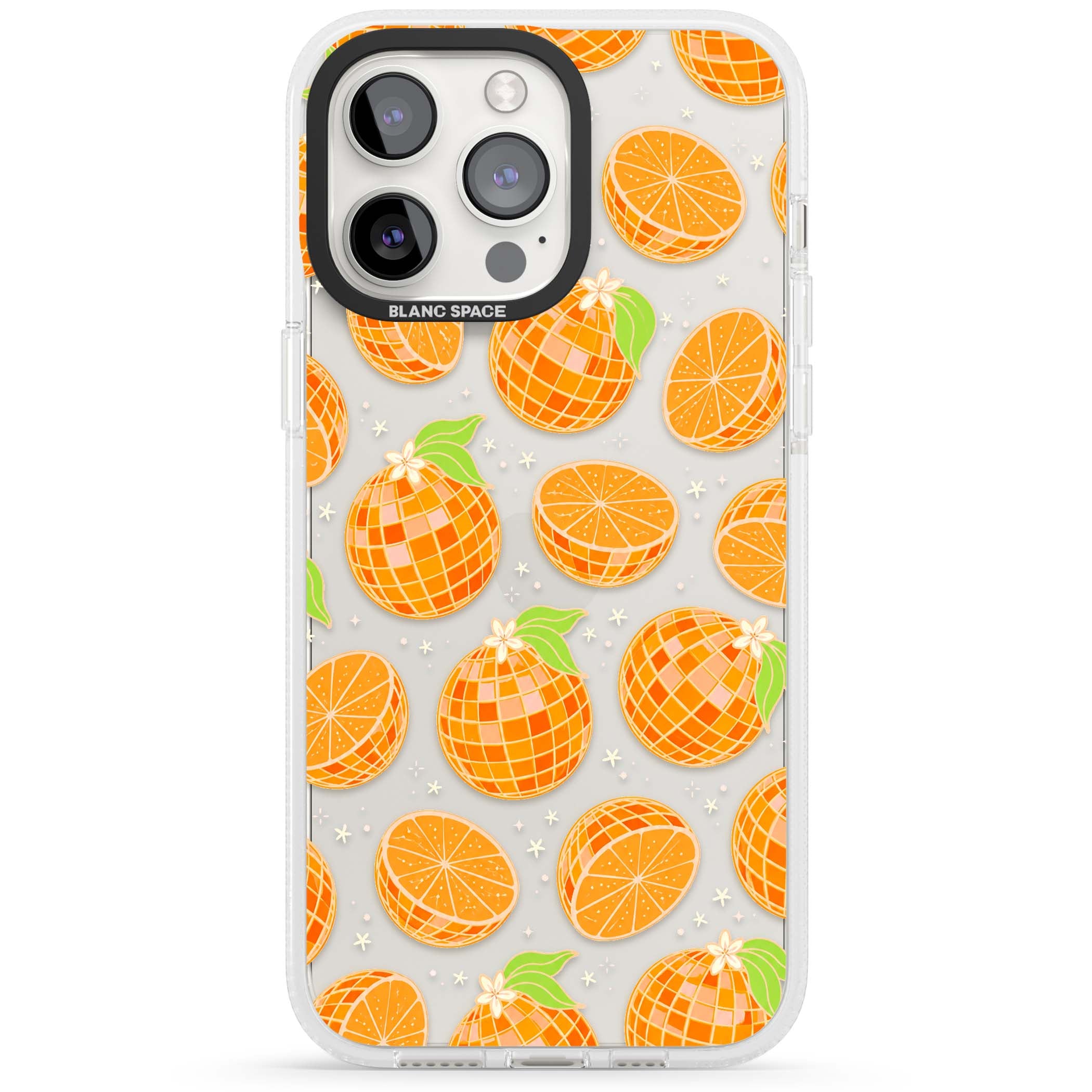 Disco Oranges retro iPhone case featuring mirrorball oranges, citrus slices and tiny blossoms on clear | Clear Case Impact Air case for iPhone 15 Pro, iPhone 15 Pro Max