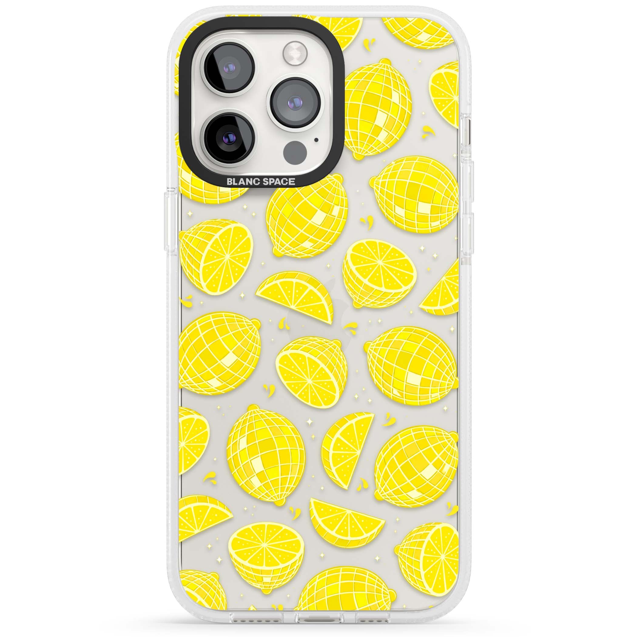 Disco Lemons citrus iPhone case featuring mirrorball lemons, sliced fruit and sparkle accents | Clear Case Impact Air case for iPhone 15 Pro, iPhone 15 Pro Max