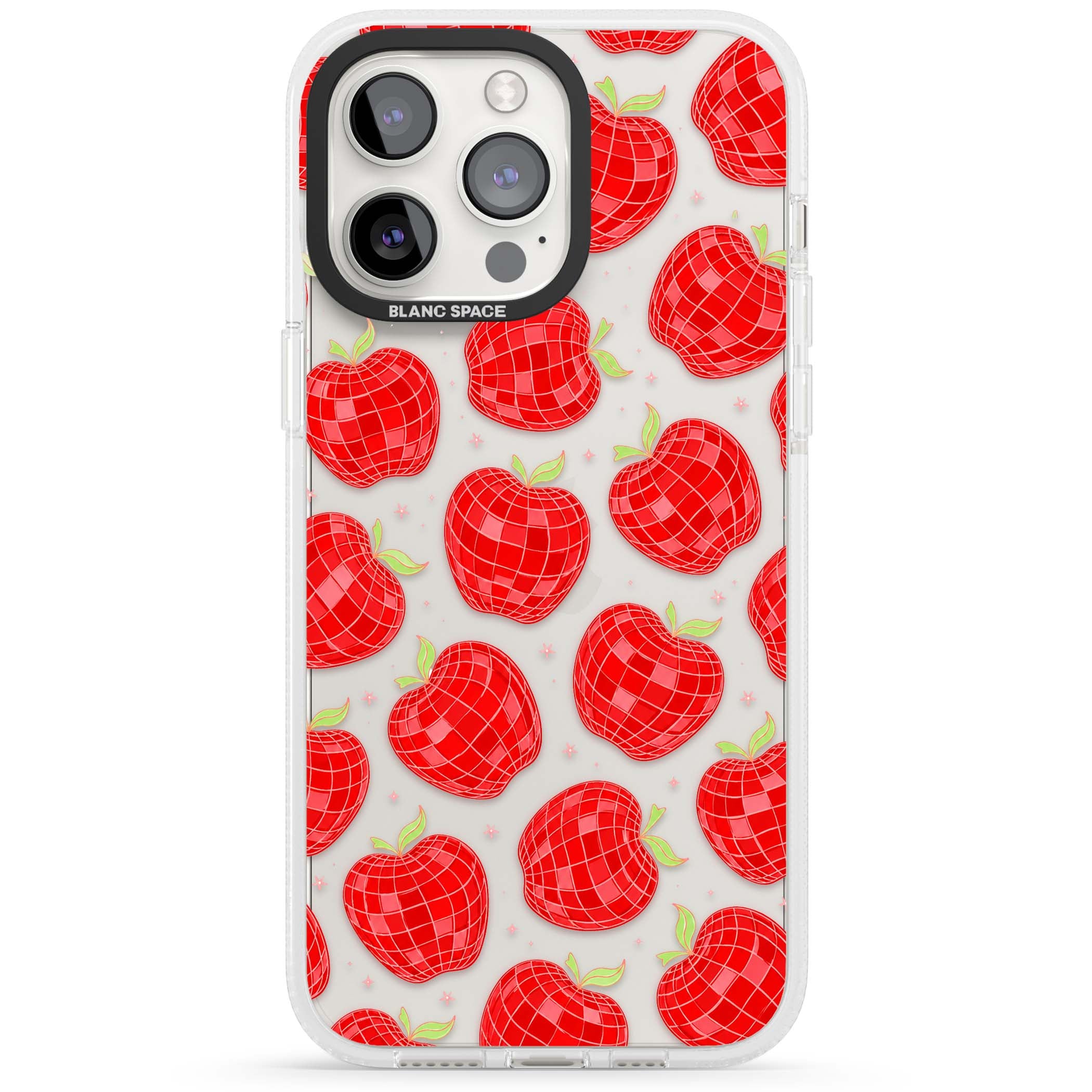 Disco Apples Y2K iPhone case featuring red disco ball apples, green leaves and pink sparkles on clear | Clear Case Impact Air case for iPhone 15 Pro, iPhone 15 Pro Max