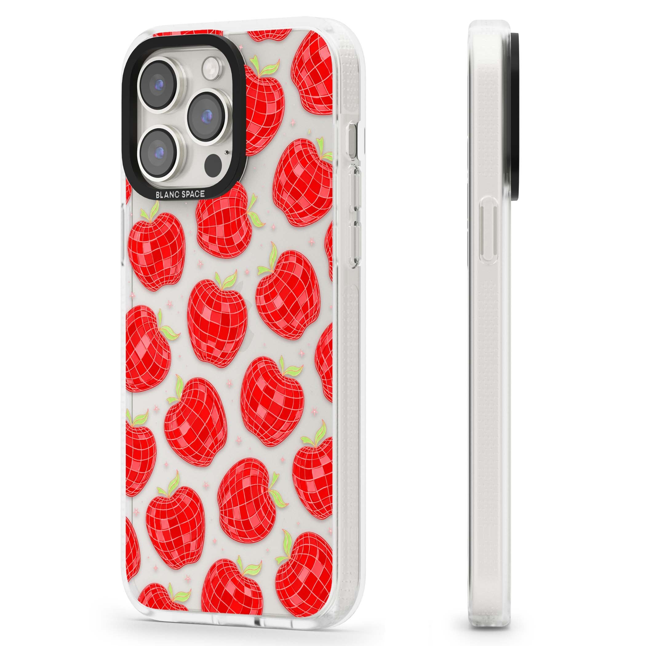 Disco Apples Y2K iPhone case featuring red disco ball apples, green leaves and pink sparkles on clear | Clear Case Impact Air case for iPhone 15 Pro, iPhone 15 Pro Max