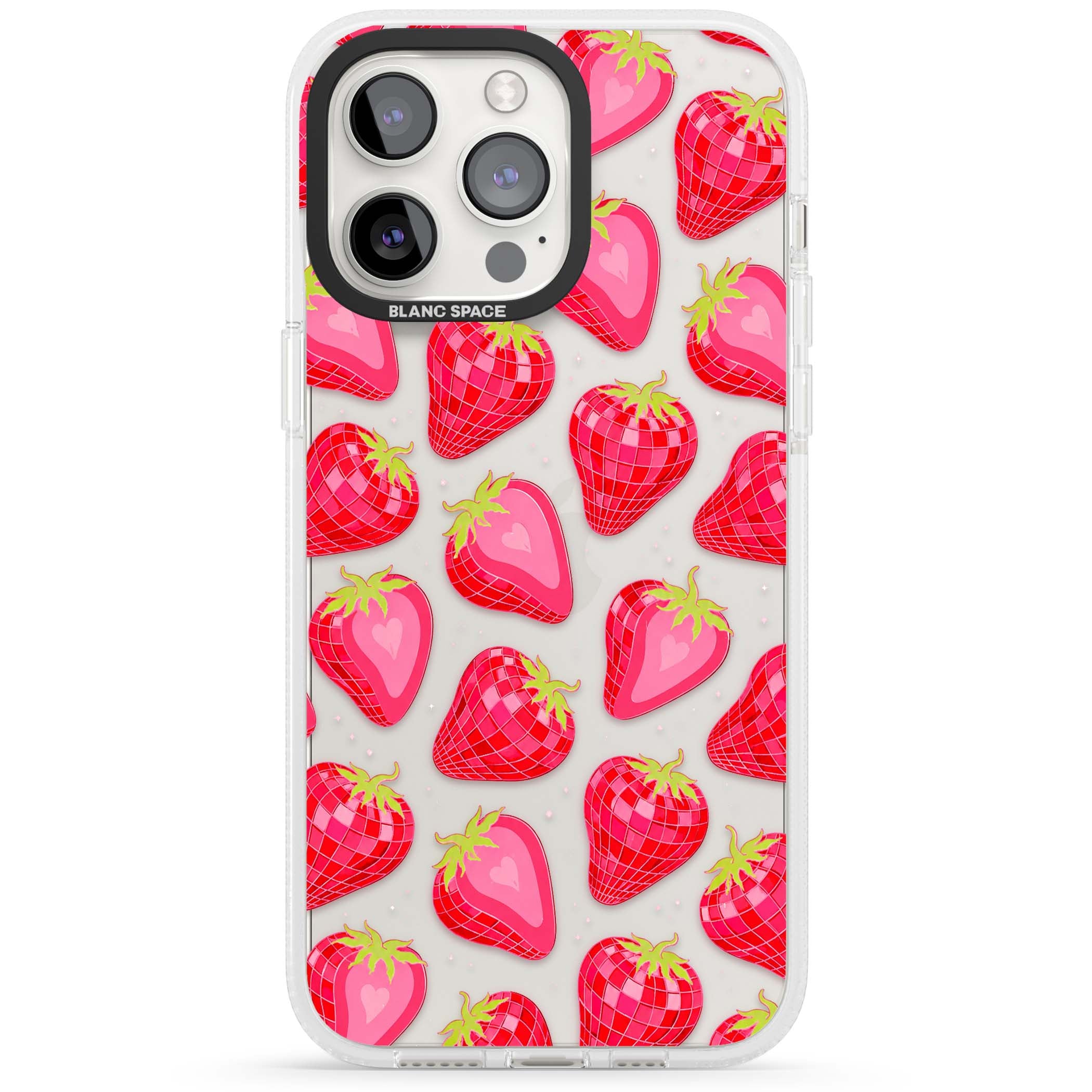 Disco Strawberry Y2K iPhone case featuring pink disco-ball strawberries, green leaves and tiny sparkles | Clear Case Impact Air case for iPhone 15 Pro, iPhone 15 Pro Max