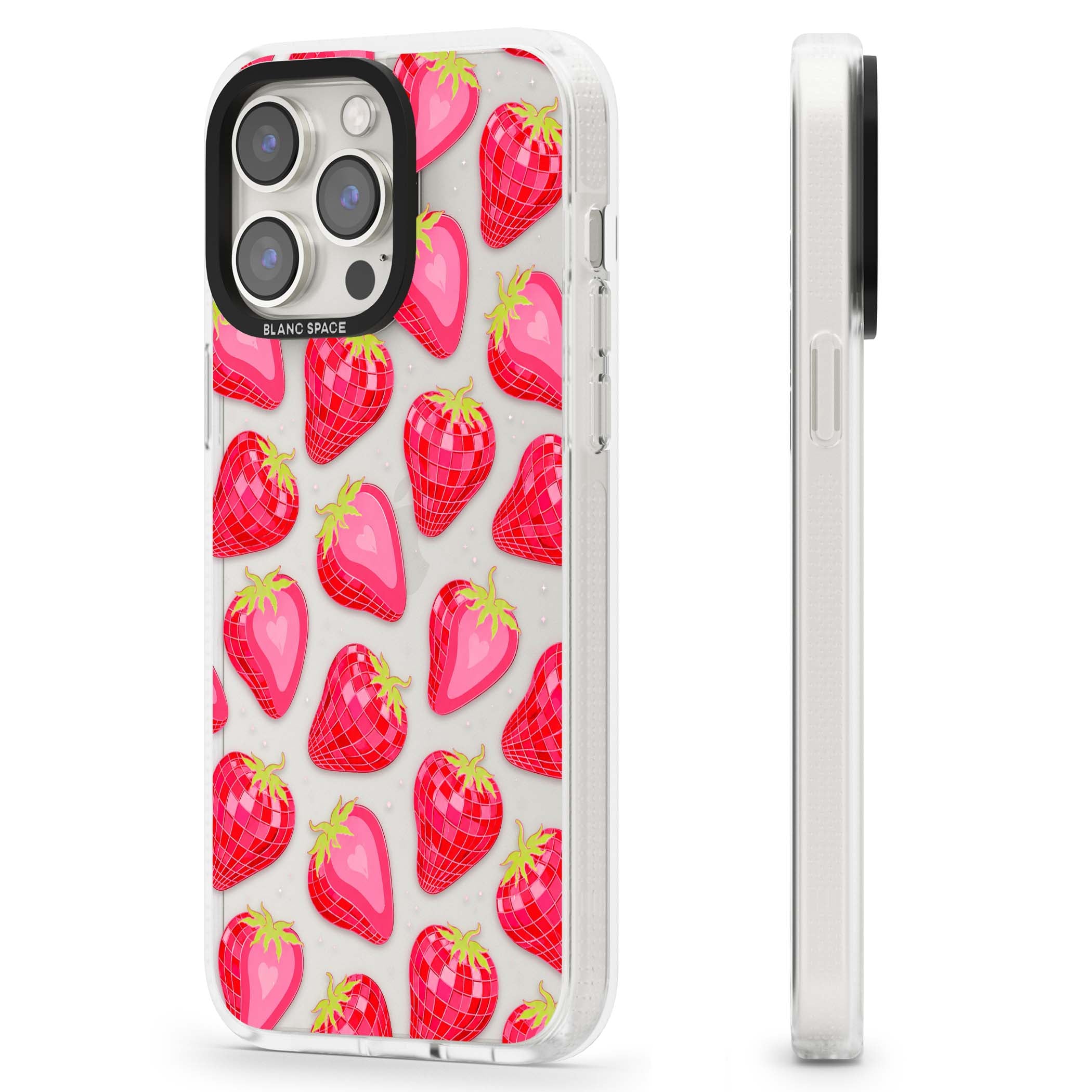 Disco Strawberry Y2K iPhone case featuring pink disco-ball strawberries, green leaves and tiny sparkles | Clear Case Impact Air case for iPhone 15 Pro, iPhone 15 Pro Max