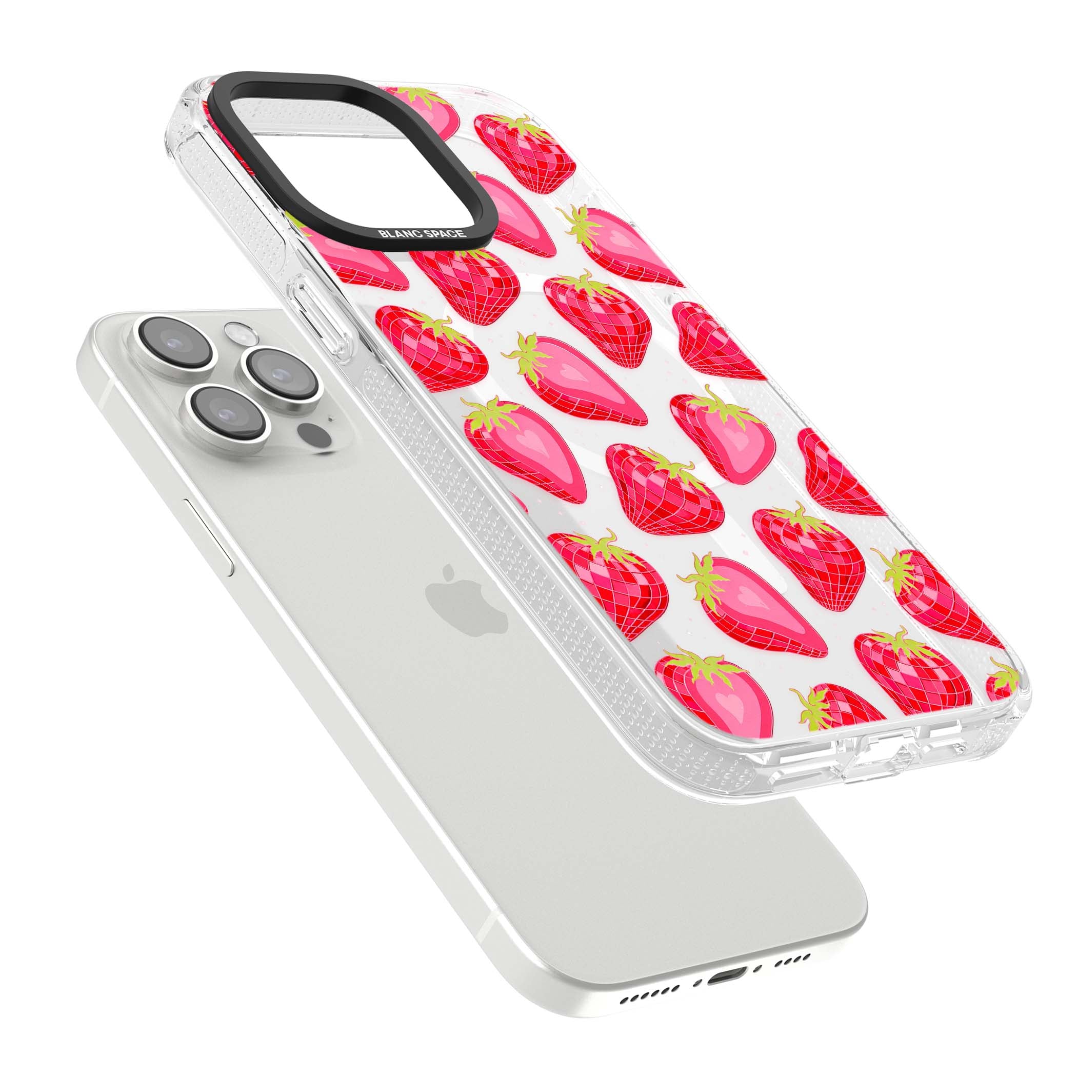 Disco Strawberry Y2K iPhone case featuring pink disco-ball strawberries, green leaves and tiny sparkles | Clear Case Impact Air case for iPhone 15 Pro, iPhone 15 Pro Max
