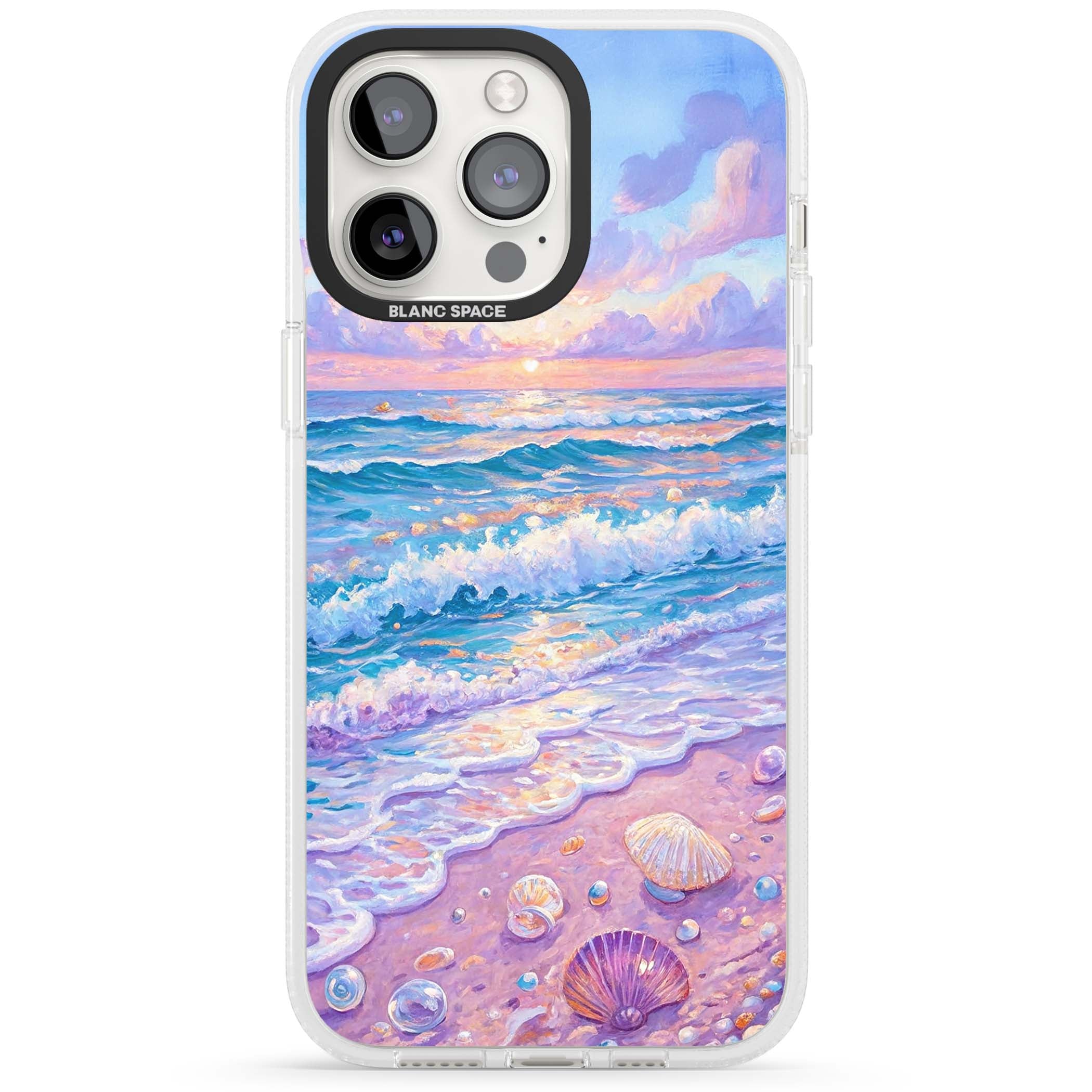 Pearl Shore coastal iPhone case featuring pastel painted waves, seashells, and a sunrise sky over a lavender beach. | Clear Case Impact Air case for iPhone 15 Pro, iPhone 15 Pro Max