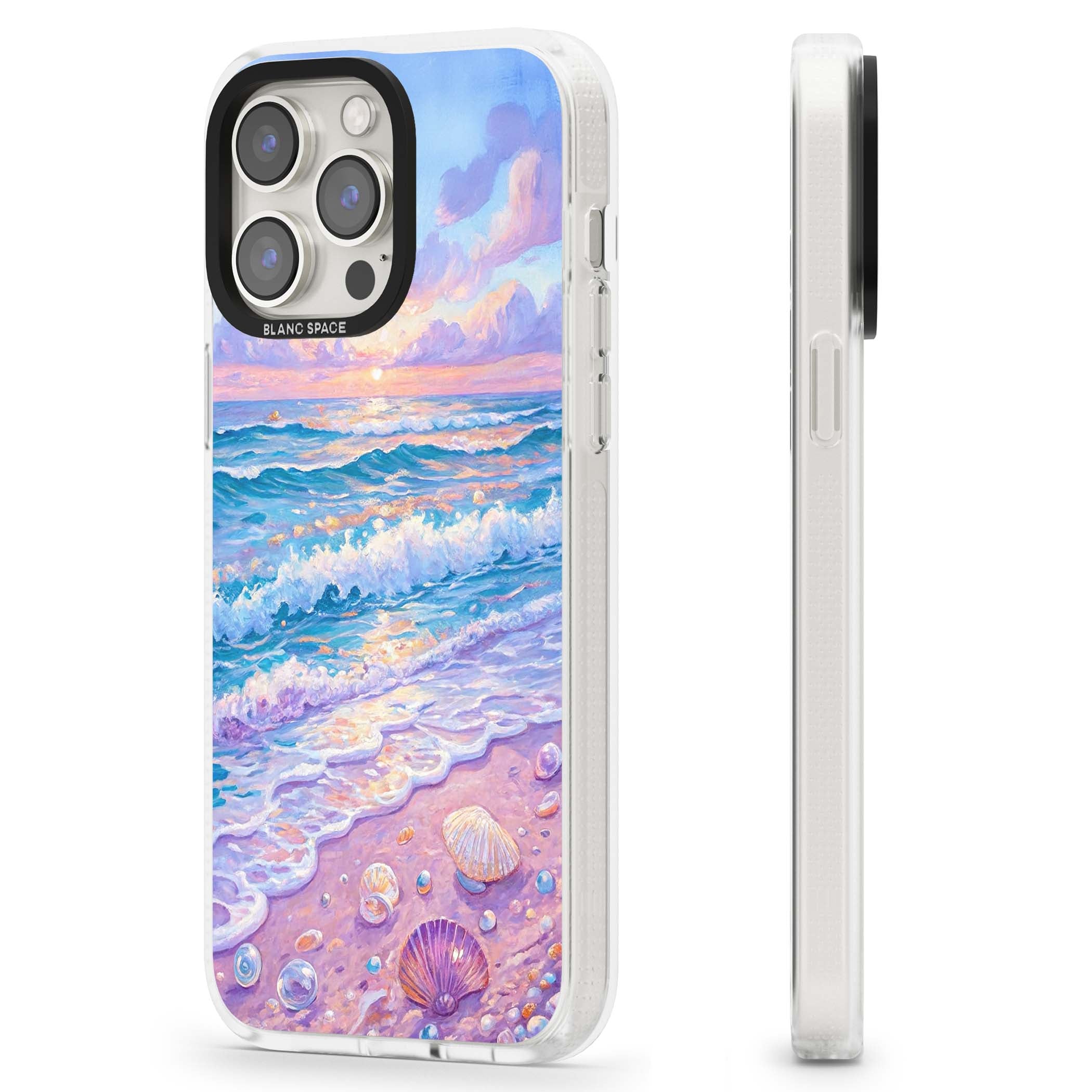 Pearl Shore coastal iPhone case featuring pastel painted waves, seashells, and a sunrise sky over a lavender beach. | Clear Case Impact Air case for iPhone 15 Pro, iPhone 15 Pro Max