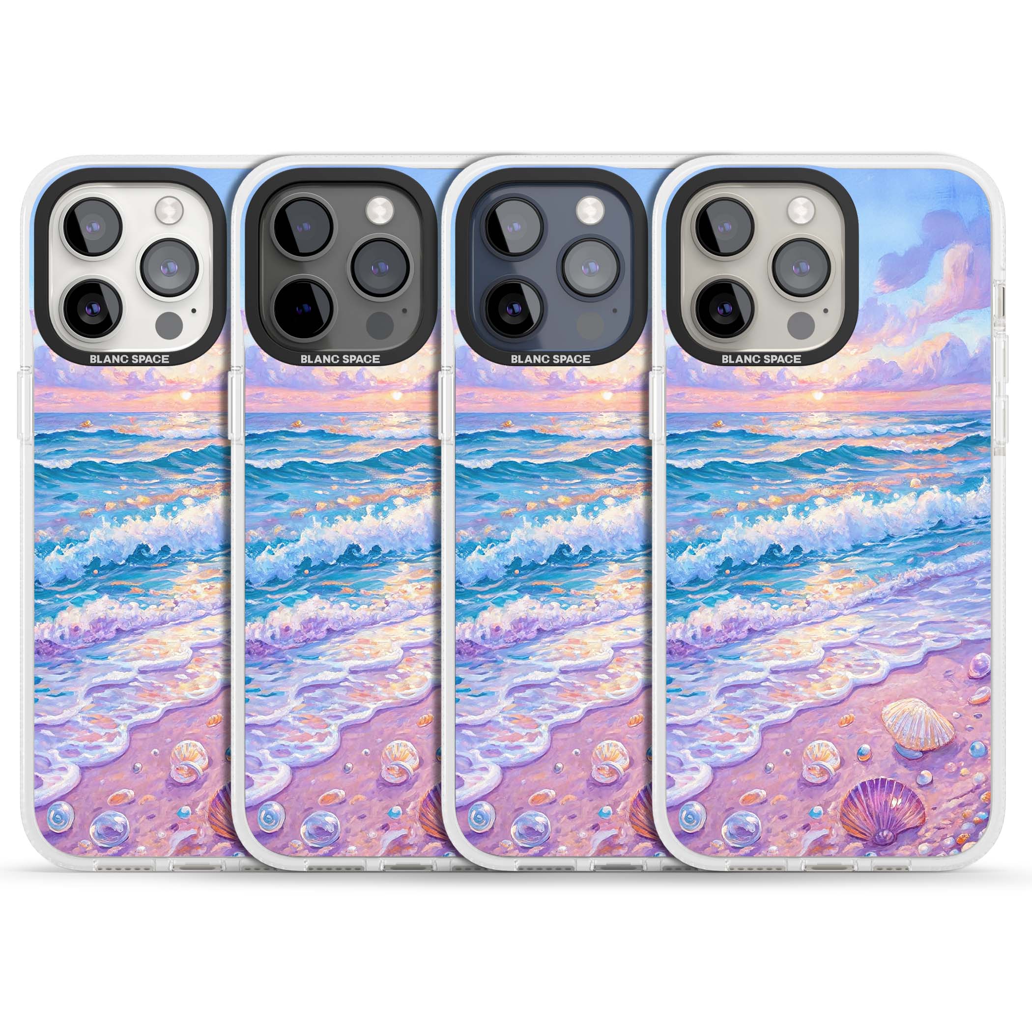 Pearl Shore coastal iPhone case featuring pastel painted waves, seashells, and a sunrise sky over a lavender beach. | Clear Case Impact Air case for iPhone 15 Pro, iPhone 15 Pro Max