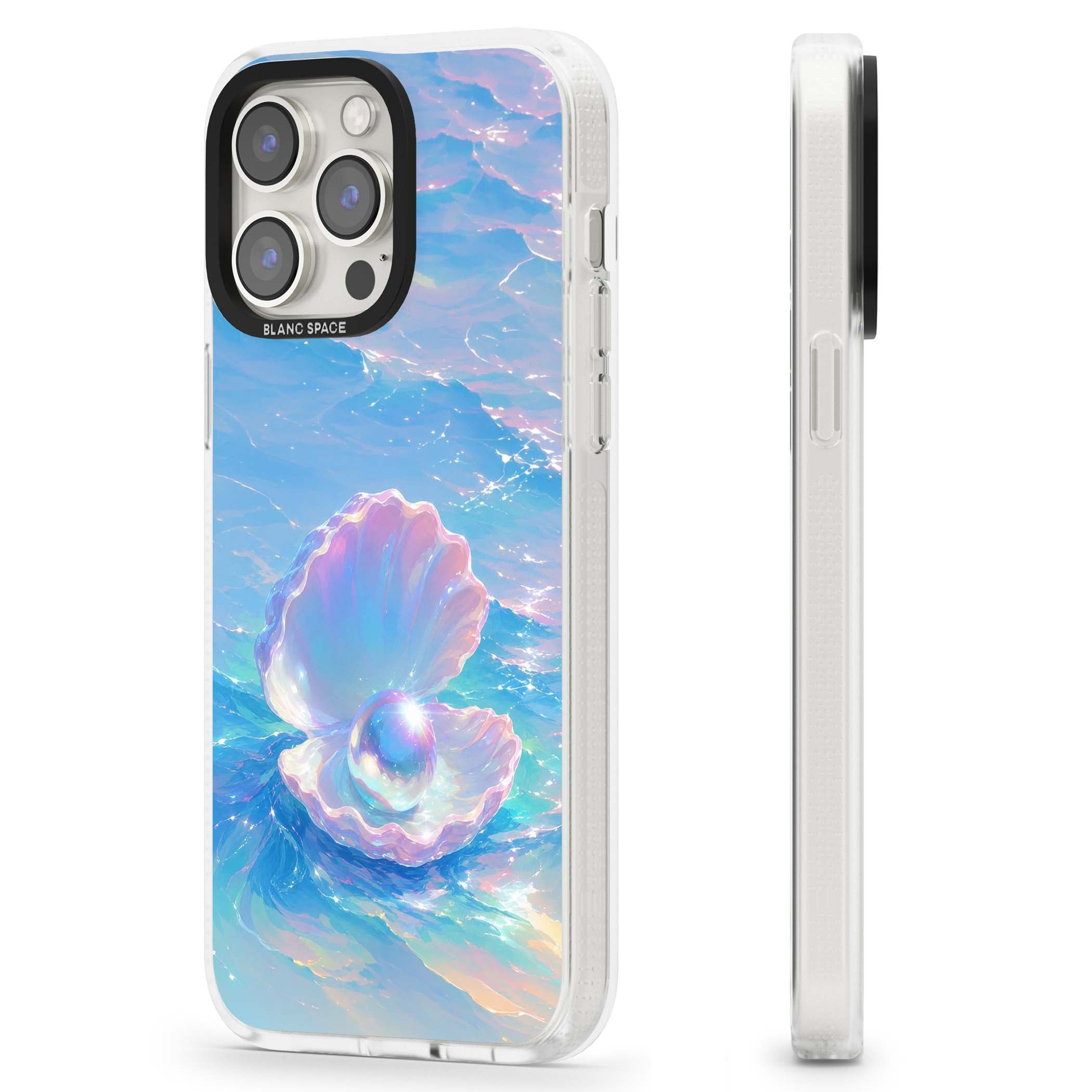 The Pearl Clam mermaidcore iPhone case featuring iridescent seashell, glowing pearl and pastel ocean waves | Clear Case Impact Air case for iPhone 15 Pro, iPhone 15 Pro Max