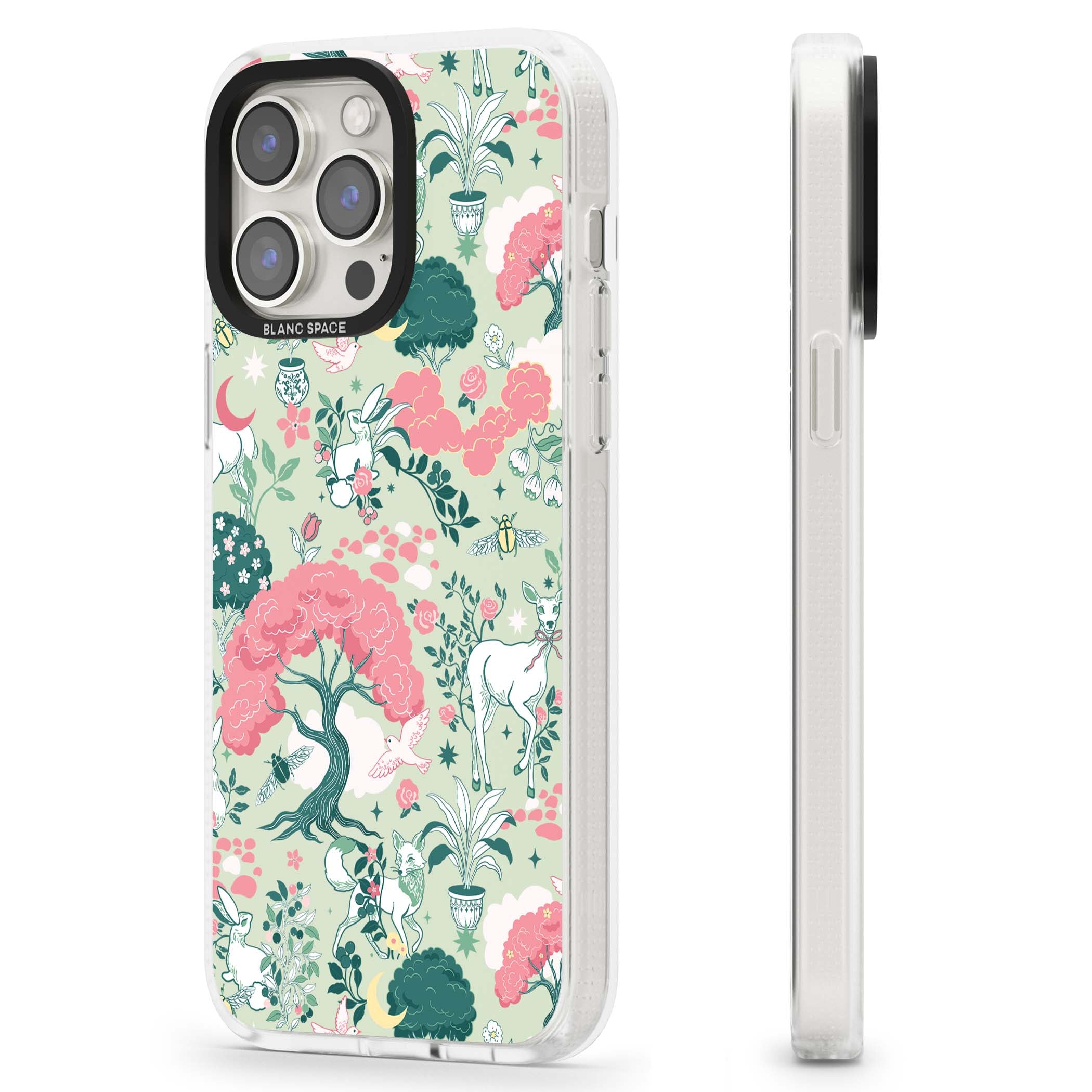 Enchanted Woodland cottagecore iPhone case featuring white deer, pink roses, mushrooms and woodland animals on sage green | Clear Case Impact Air case for iPhone 15 Pro, iPhone 15 Pro Max