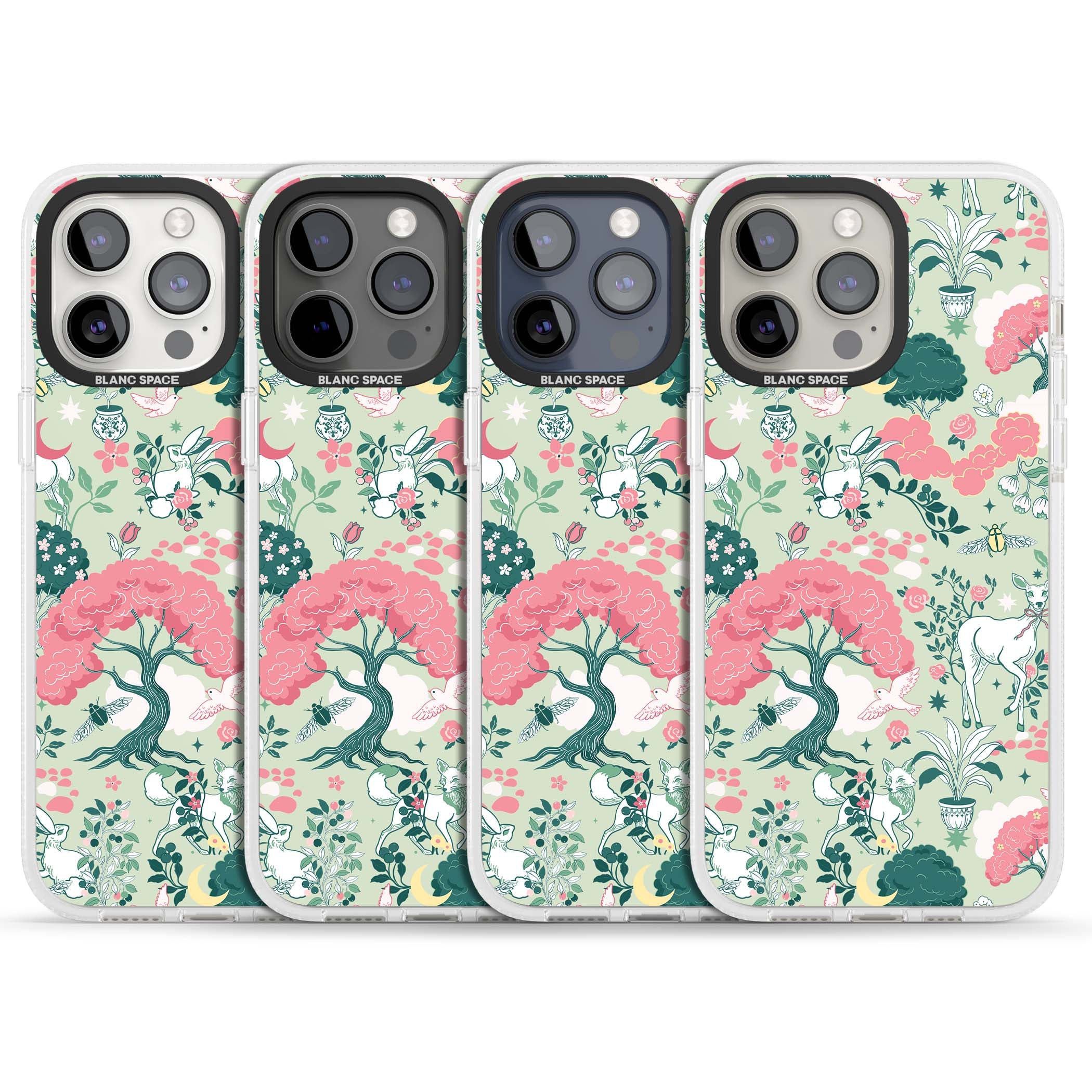 Enchanted Woodland cottagecore iPhone case featuring white deer, pink roses, mushrooms and woodland animals on sage green | Clear Case Impact Air case for iPhone 15 Pro, iPhone 15 Pro Max