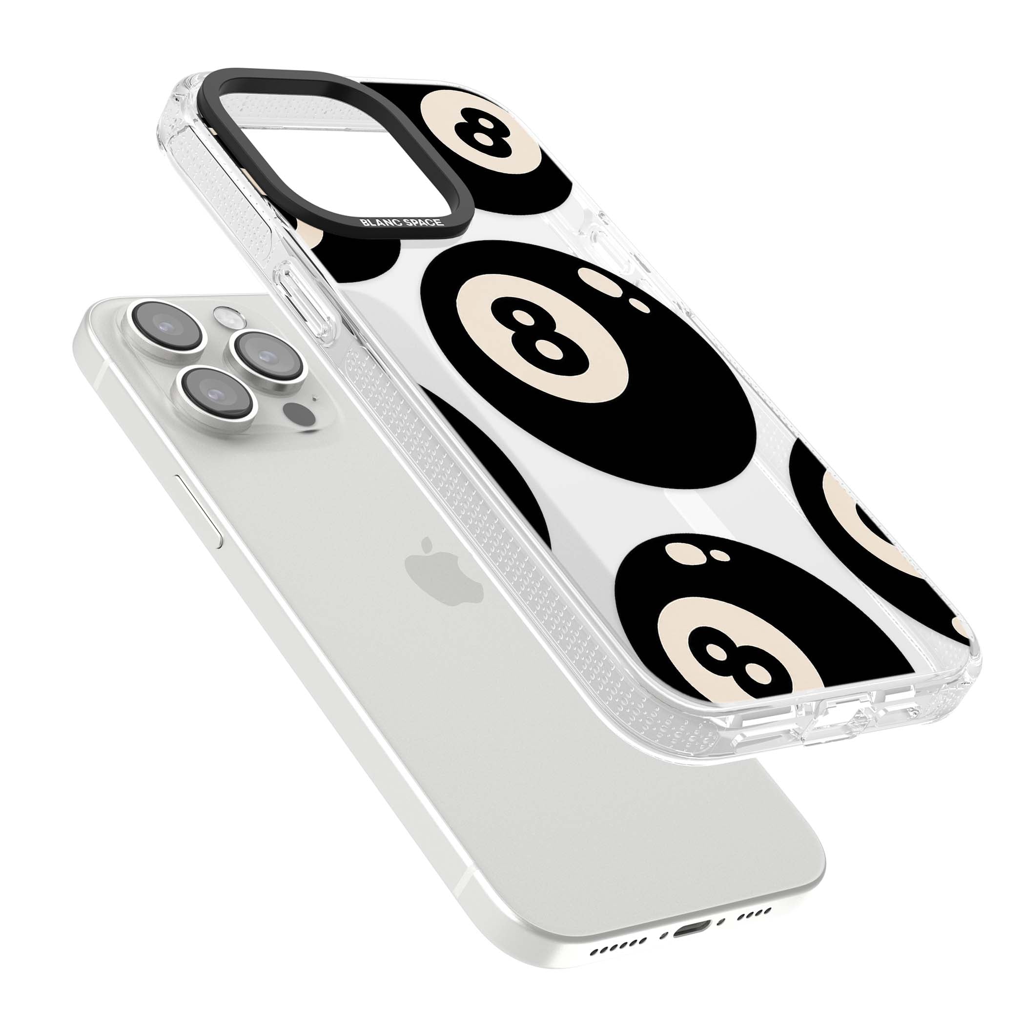 Eights y2k iPhone case featuring scattered black 8 balls with cream highlights on a clear background | Clear Case Impact Air case for iPhone 15 Pro, iPhone 15 Pro Max