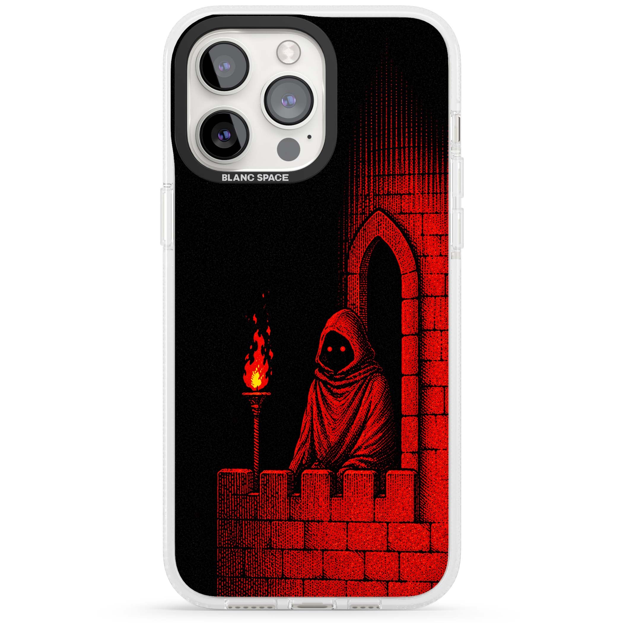 Crimson Crypt gothic iPhone case featuring a hooded reaper, torchlit crypt archway and red halftone horror art | Clear Case Impact Air case for iPhone 15 Pro, iPhone 15 Pro Max