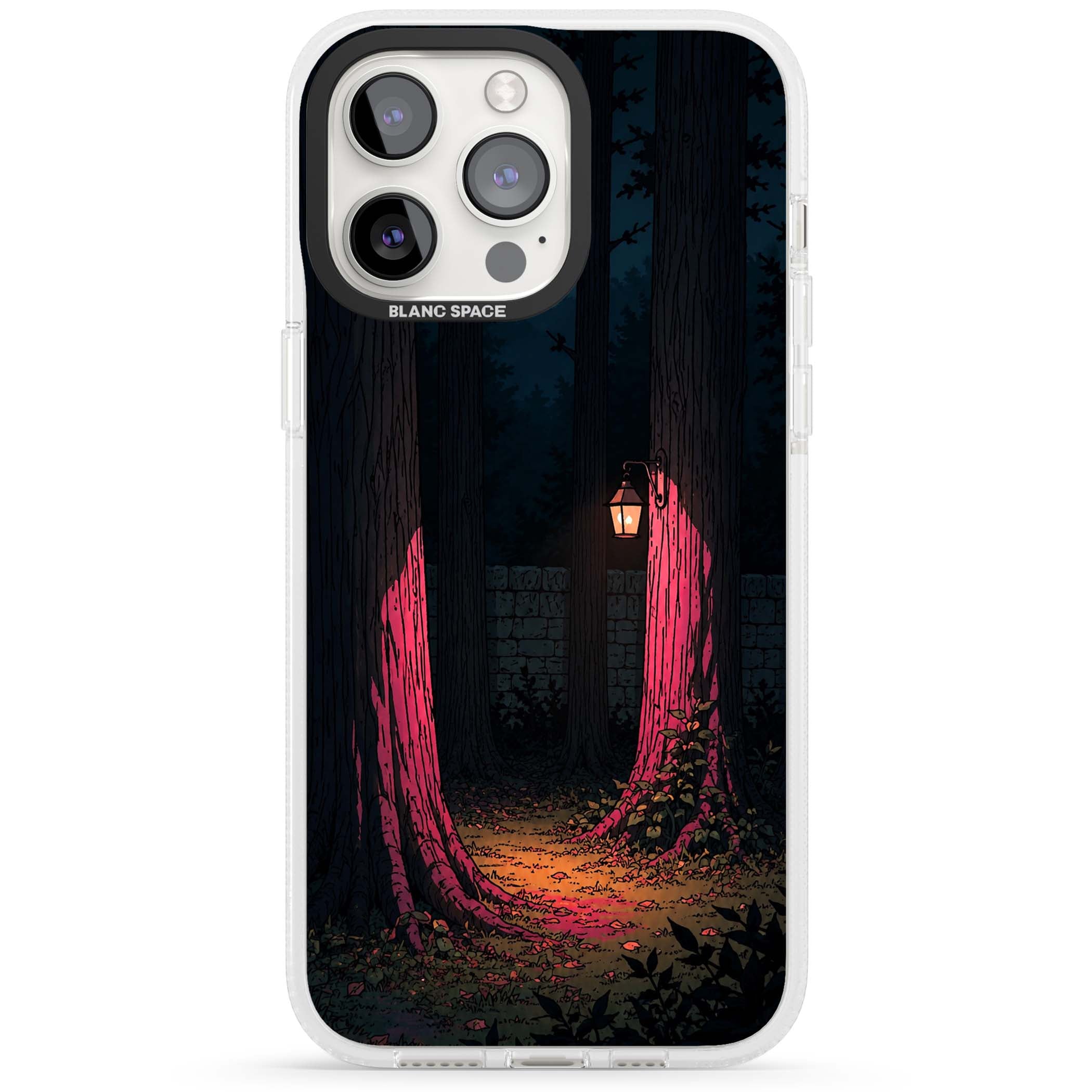 Forest Lantern dark academia iPhone case featuring a moonlit forest, glowing lantern, and stone wall pathway | Clear Case Impact Air case for iPhone 15 Pro, iPhone 15 Pro Max