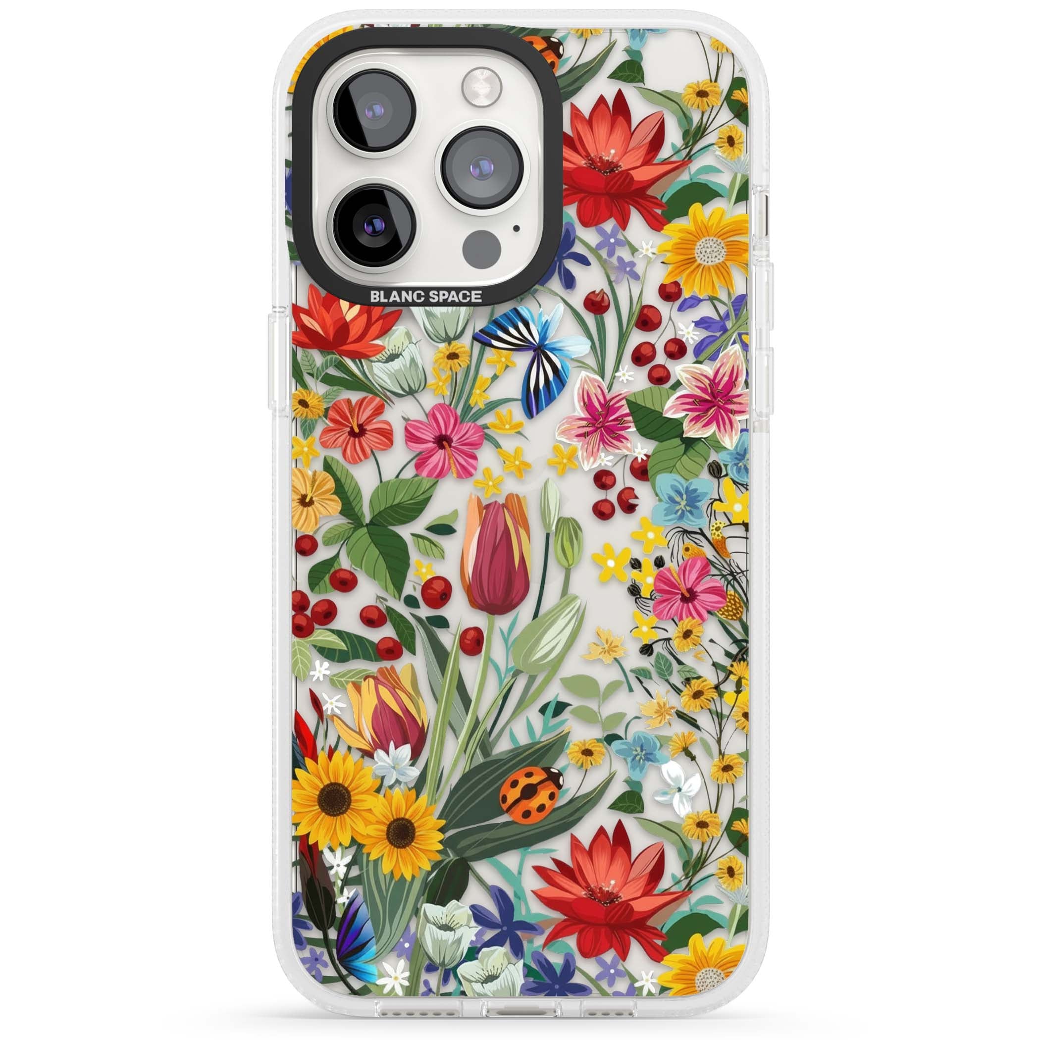 Botanical Bloom cottagecore iPhone case featuring colorful wildflowers, sunflowers, and ladybugs on clear background | Clear Case Impact Air case for iPhone 15 Pro, iPhone 15 Pro Max