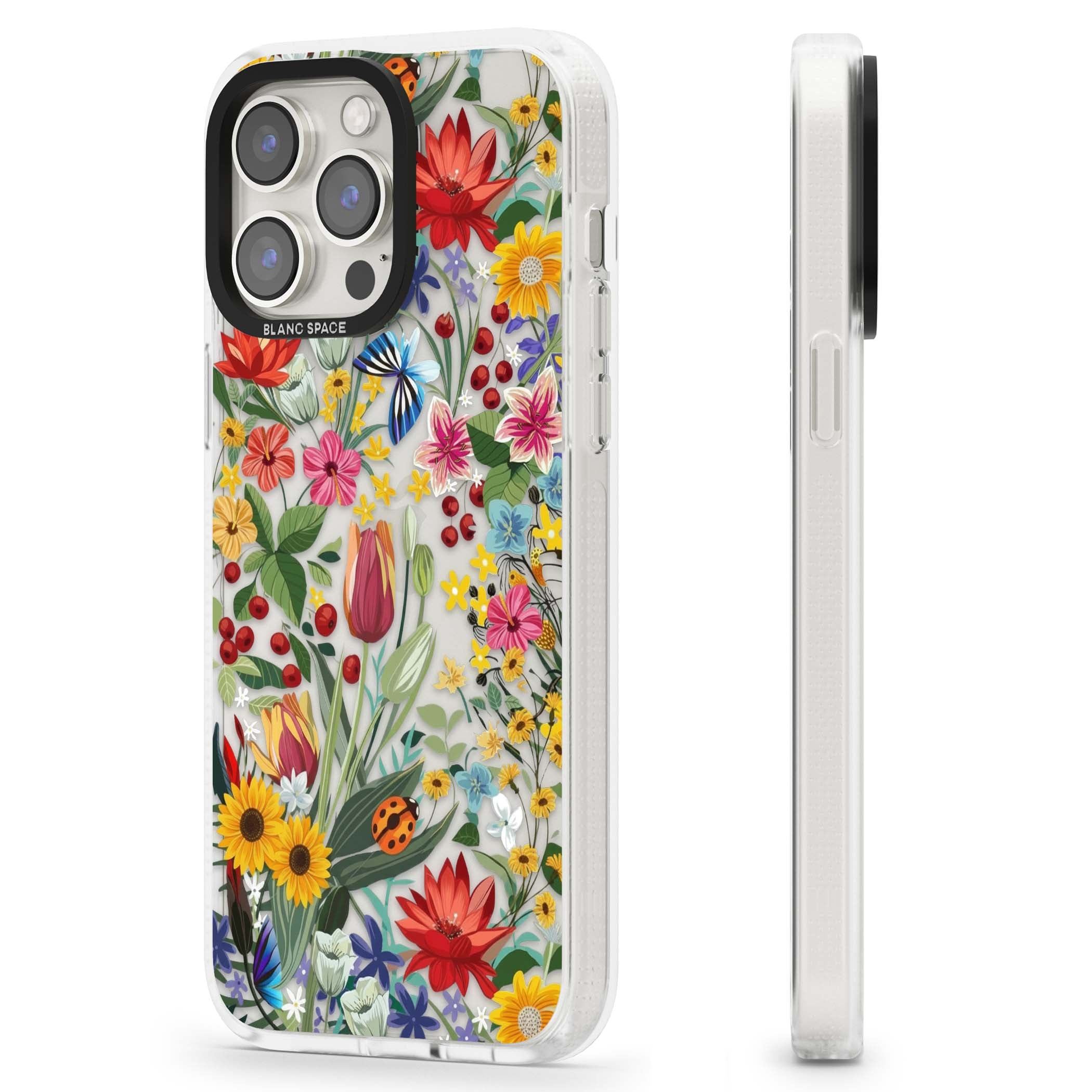 Botanical Bloom cottagecore iPhone case featuring colorful wildflowers, sunflowers, and ladybugs on clear background | Clear Case Impact Air case for iPhone 15 Pro, iPhone 15 Pro Max