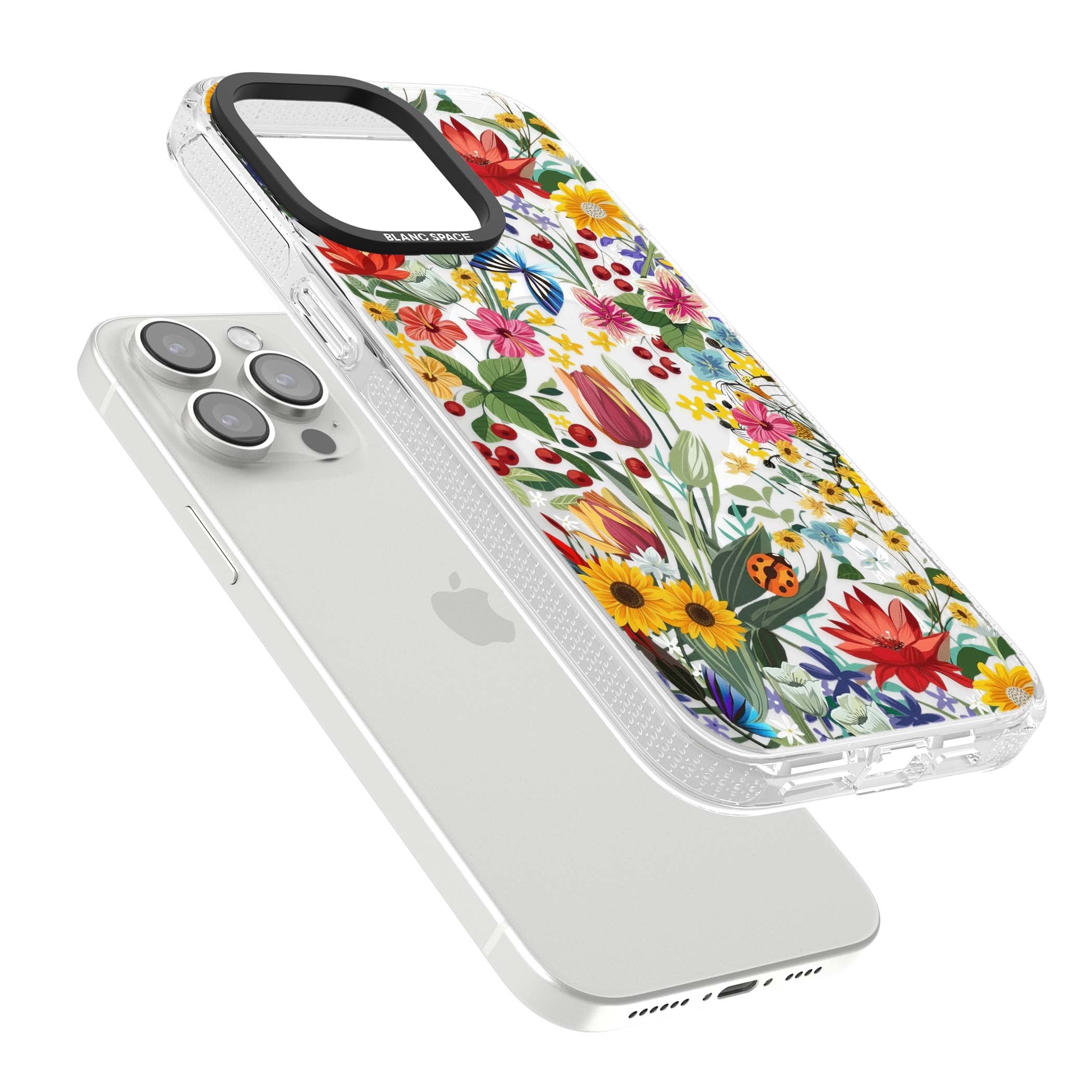 Botanical Bloom cottagecore iPhone case featuring colorful wildflowers, sunflowers, and ladybugs on clear background | Clear Case Impact Air case for iPhone 15 Pro, iPhone 15 Pro Max