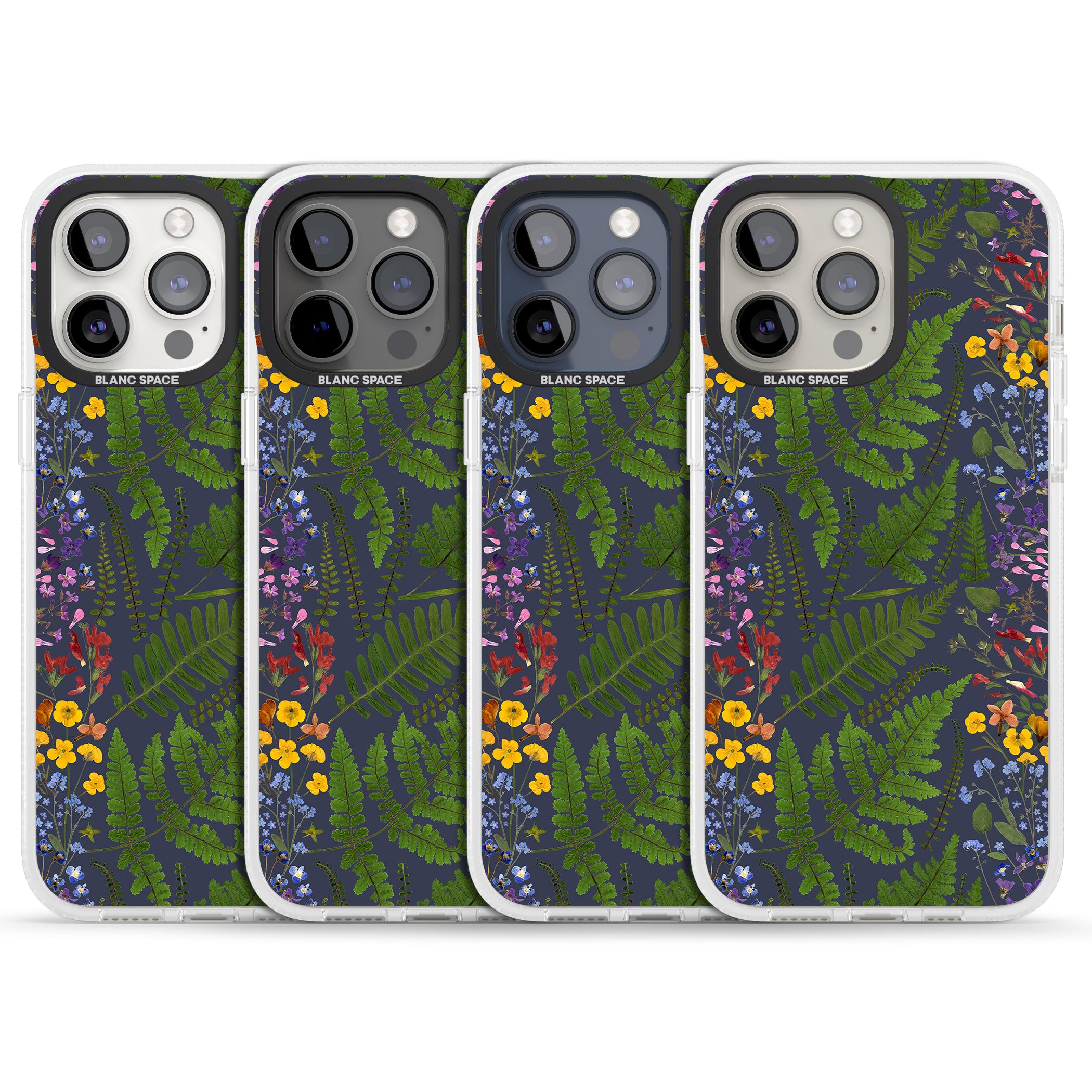 Busy Floral and Fern Design - Navy iPhone 15 Pro Max / 15 Pro / 14 Pro Max / 14 Pro / 13 Pro Clear Case Impact Air - Blanc Space
