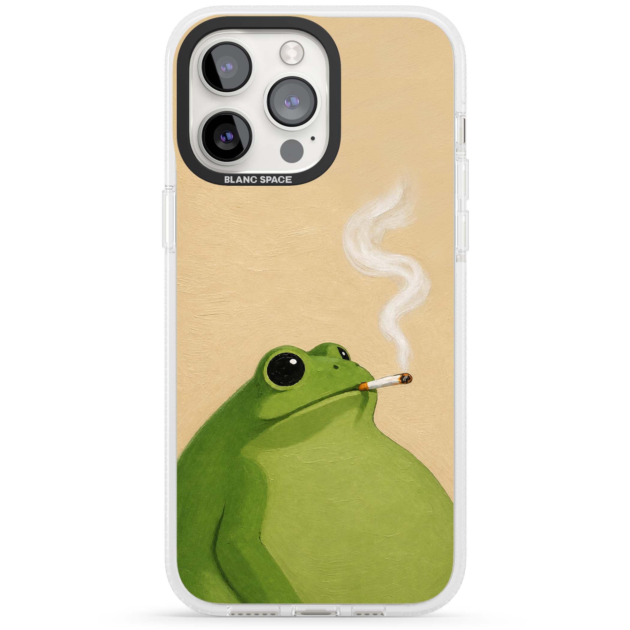 The Smoking Frog cottagecore iPhone case featuring a hand-painted green frog smoking a cigarette on a cream oil painting back | Clear Case Impact Air case for iPhone 15 Pro, iPhone 15 Pro Max
