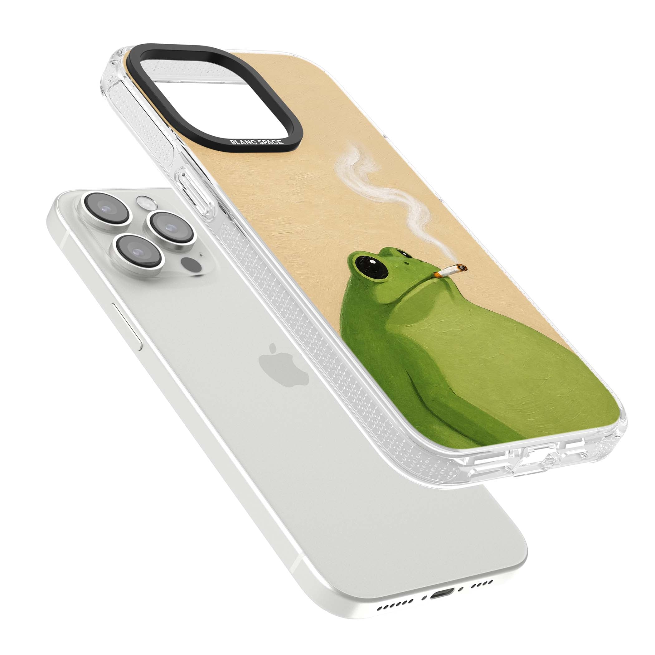 The Smoking Frog cottagecore iPhone case featuring a hand-painted green frog smoking a cigarette on a cream oil painting back | Clear Case Impact Air case for iPhone 15 Pro, iPhone 15 Pro Max