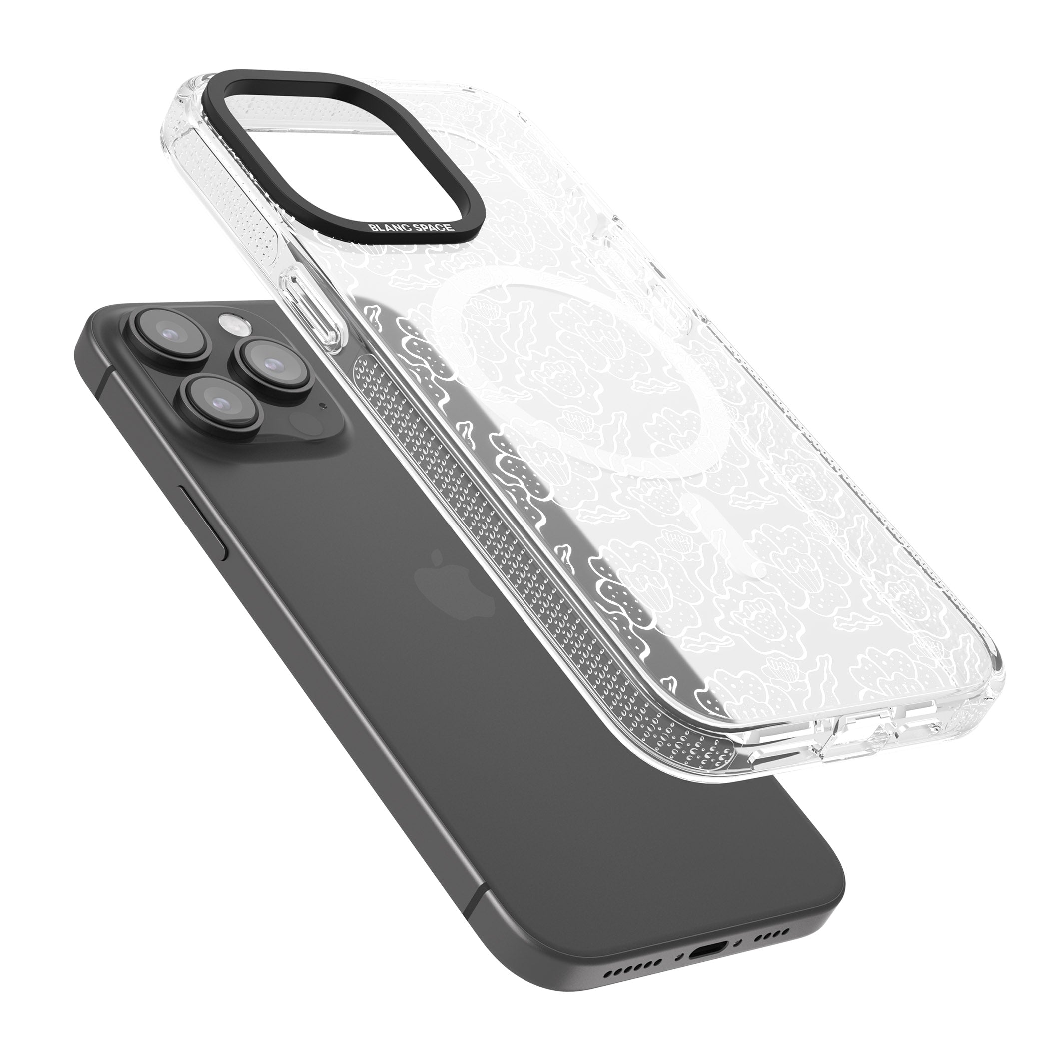 Funky Floral Patterns White on Clear iPhone 15 Pro Max / 15 Pro / 14 Pro Max / 14 Pro / 13 Pro Clear Case Impact Air - Blanc Space