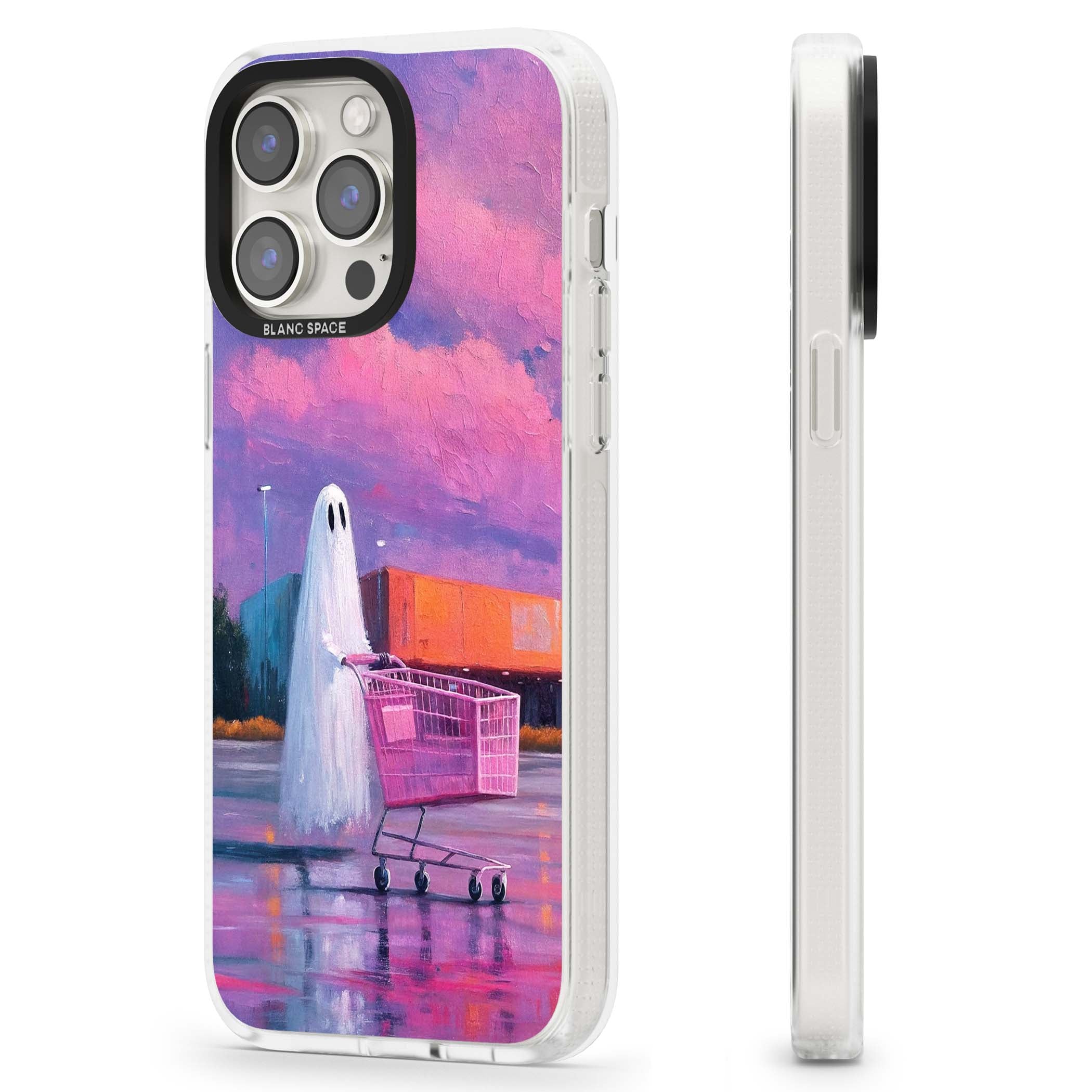 A Ghost's Errand ghost halloween iPhone case featuring a painted ghost, pink shopping trolley and purple sunset sky | Clear Case Impact Air case for iPhone 15 Pro, iPhone 15 Pro Max