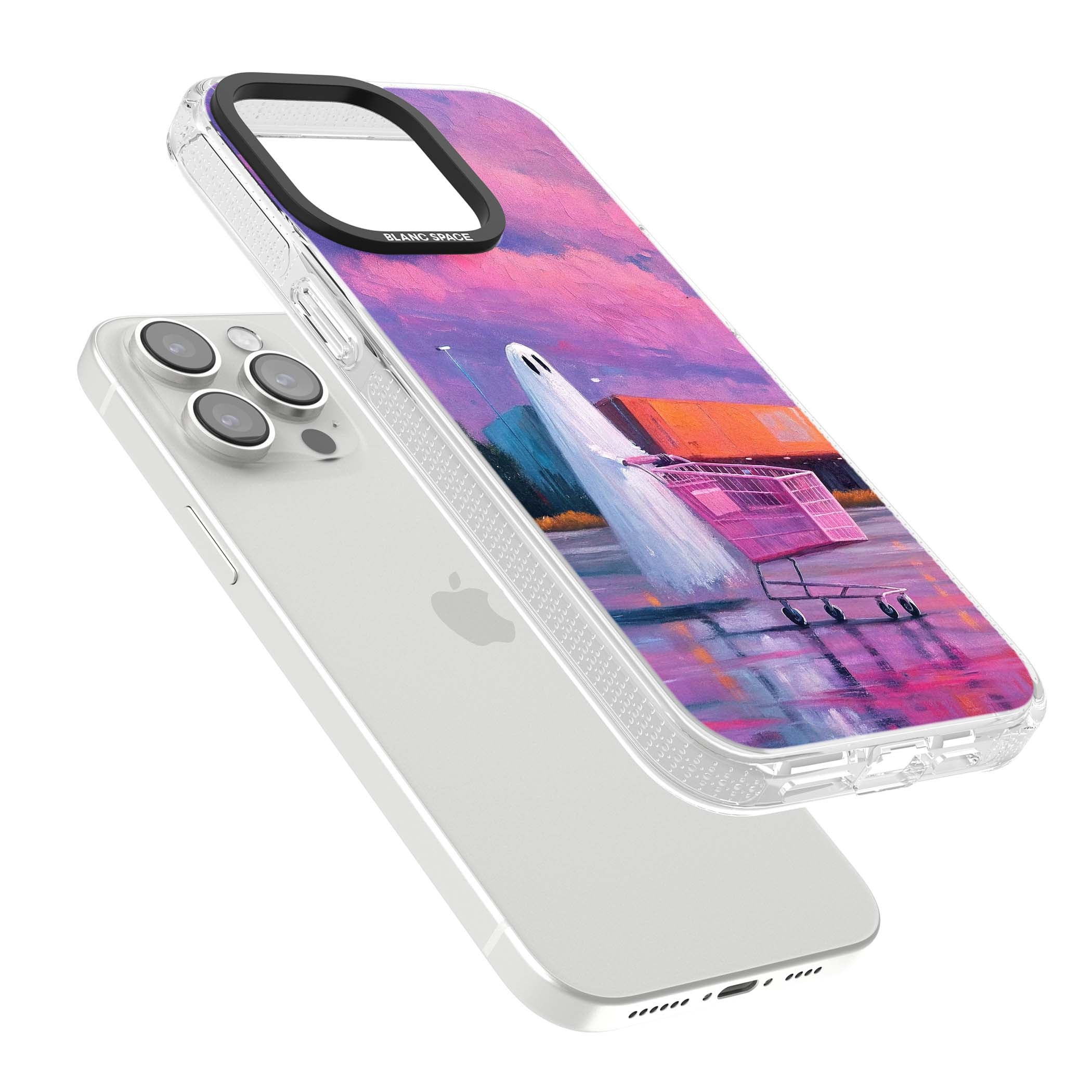 A Ghost's Errand ghost halloween iPhone case featuring a painted ghost, pink shopping trolley and purple sunset sky | Clear Case Impact Air case for iPhone 15 Pro, iPhone 15 Pro Max